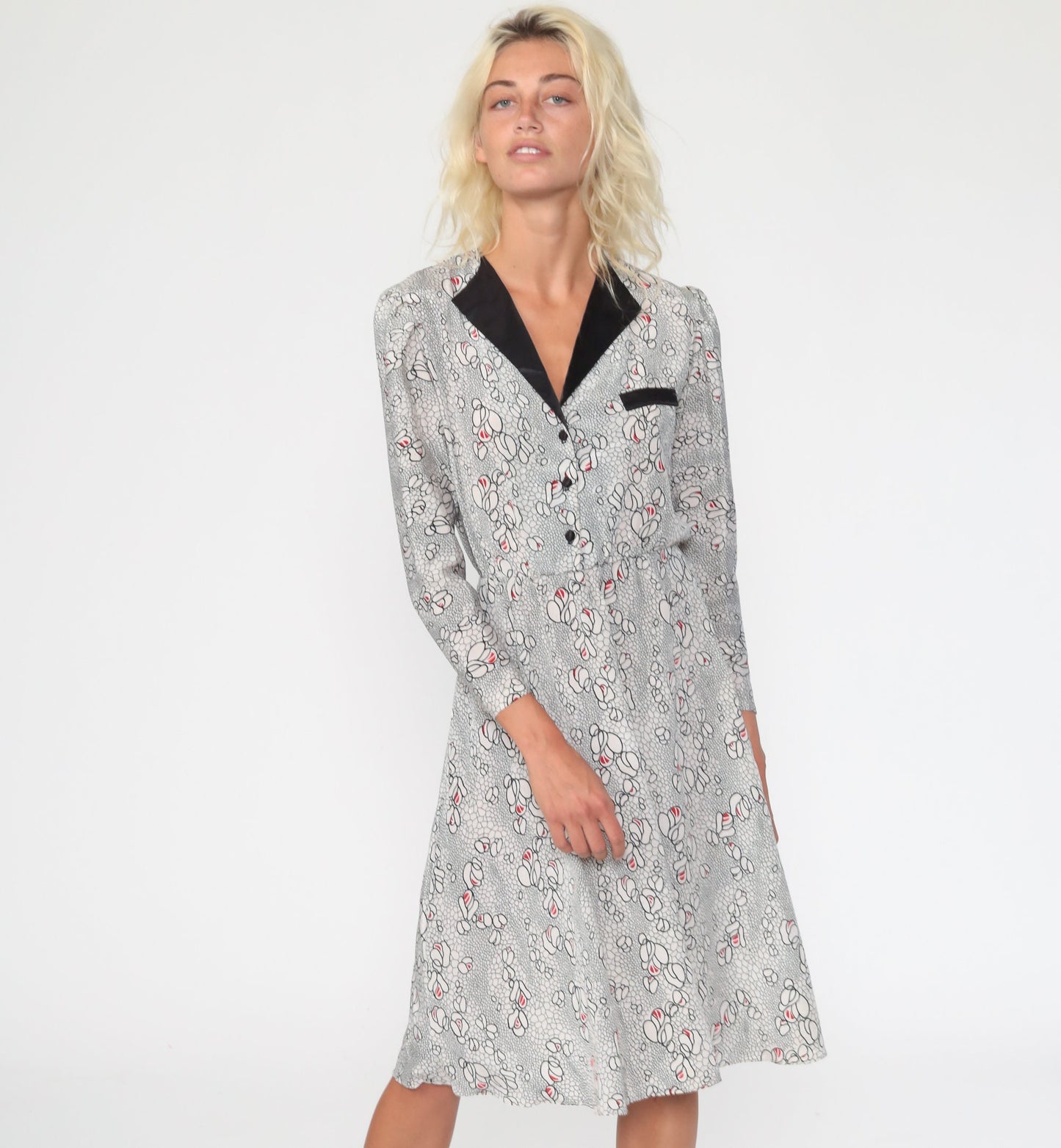80s Black White Floral Midi Dress Puff Sleeve Button Up High Waist Small