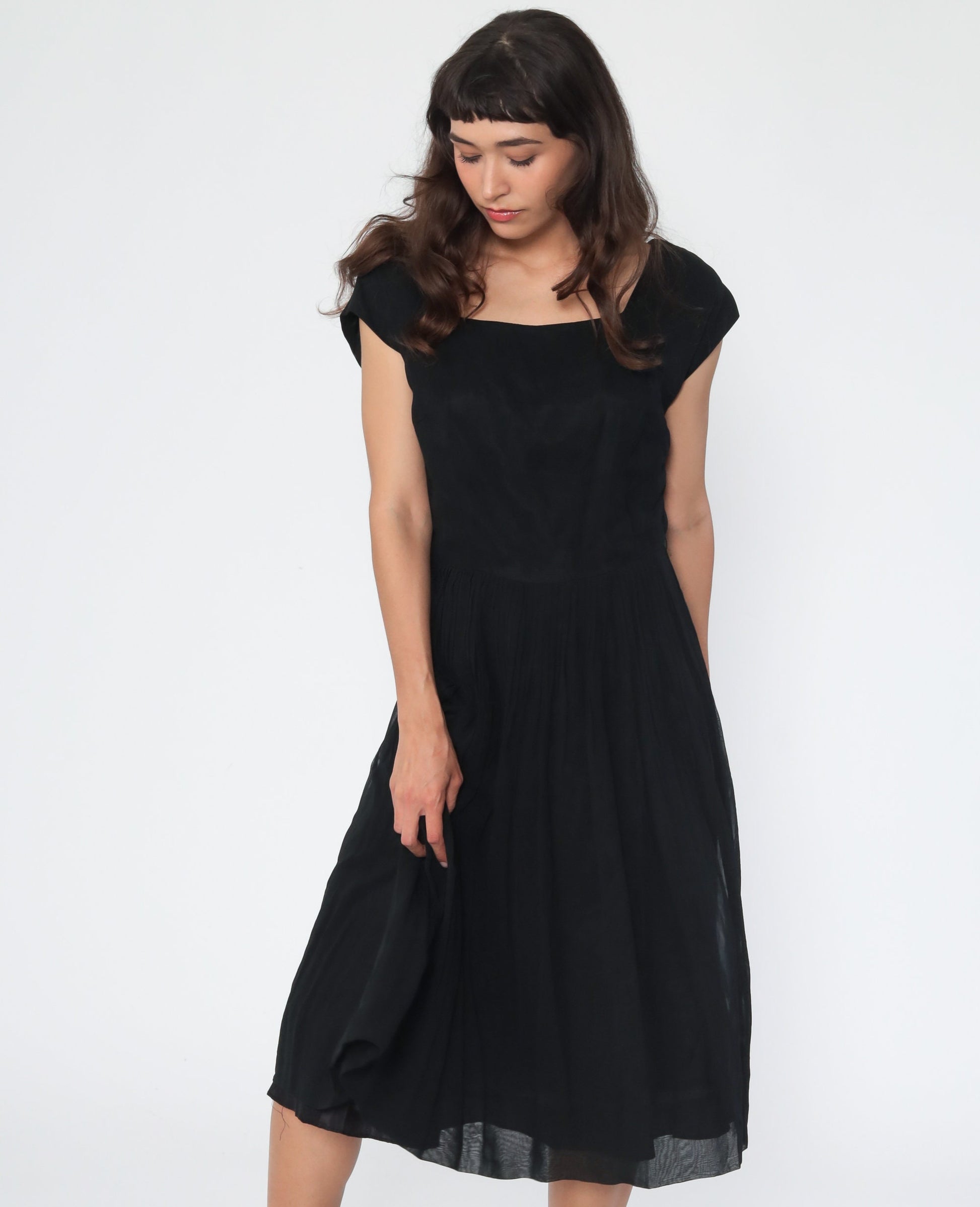 1950s Black Chiffon Sheath Dress Tea Length High Waist Side Zip Medium