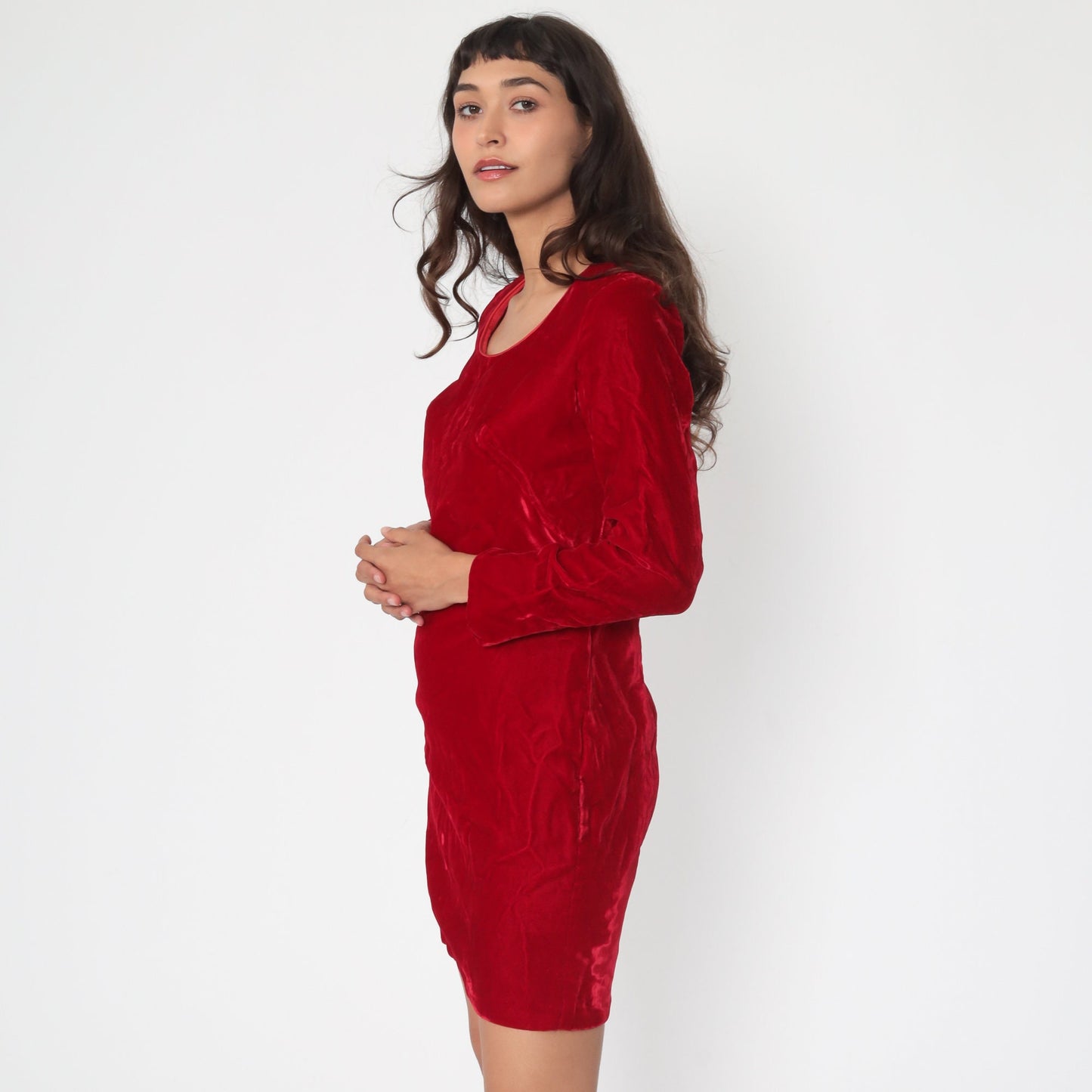 60s Red Velvet Mini Dress Long Sleeve Shift Mod Small