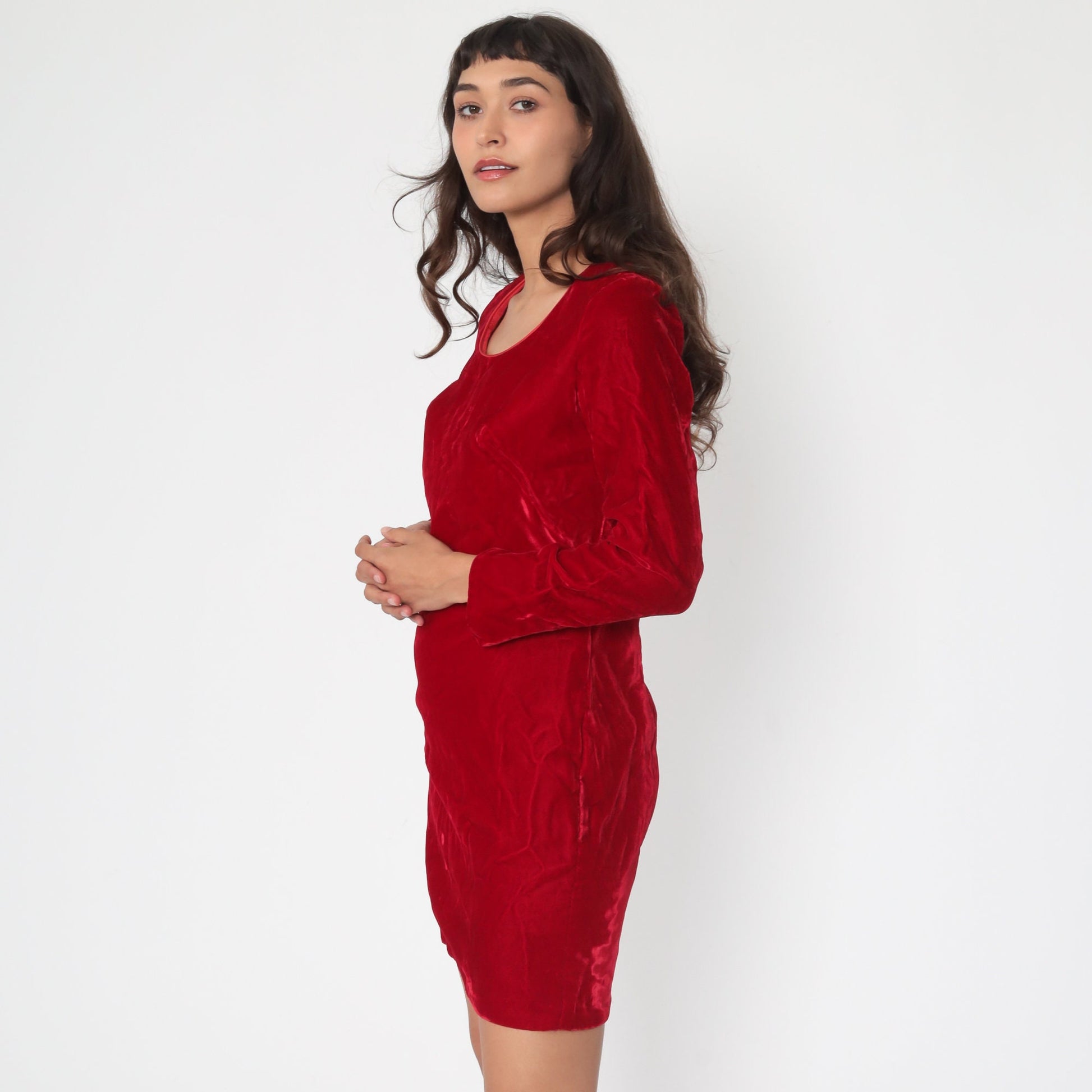 60s Red Velvet Mini Dress Long Sleeve Shift Mod Small