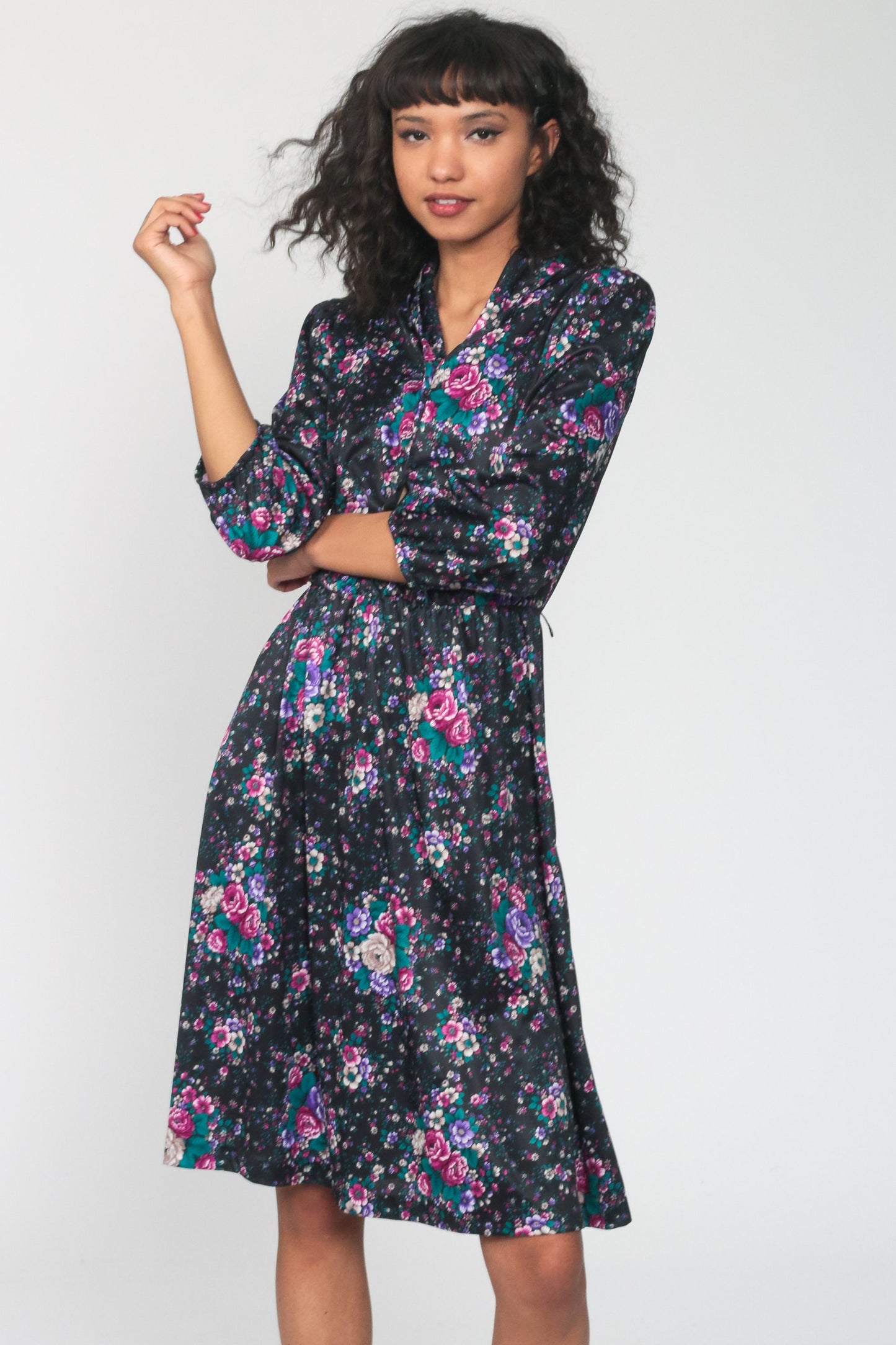 70s Floral Midi Dress High Waist Button Up Long Sleeve Black Purple Medium