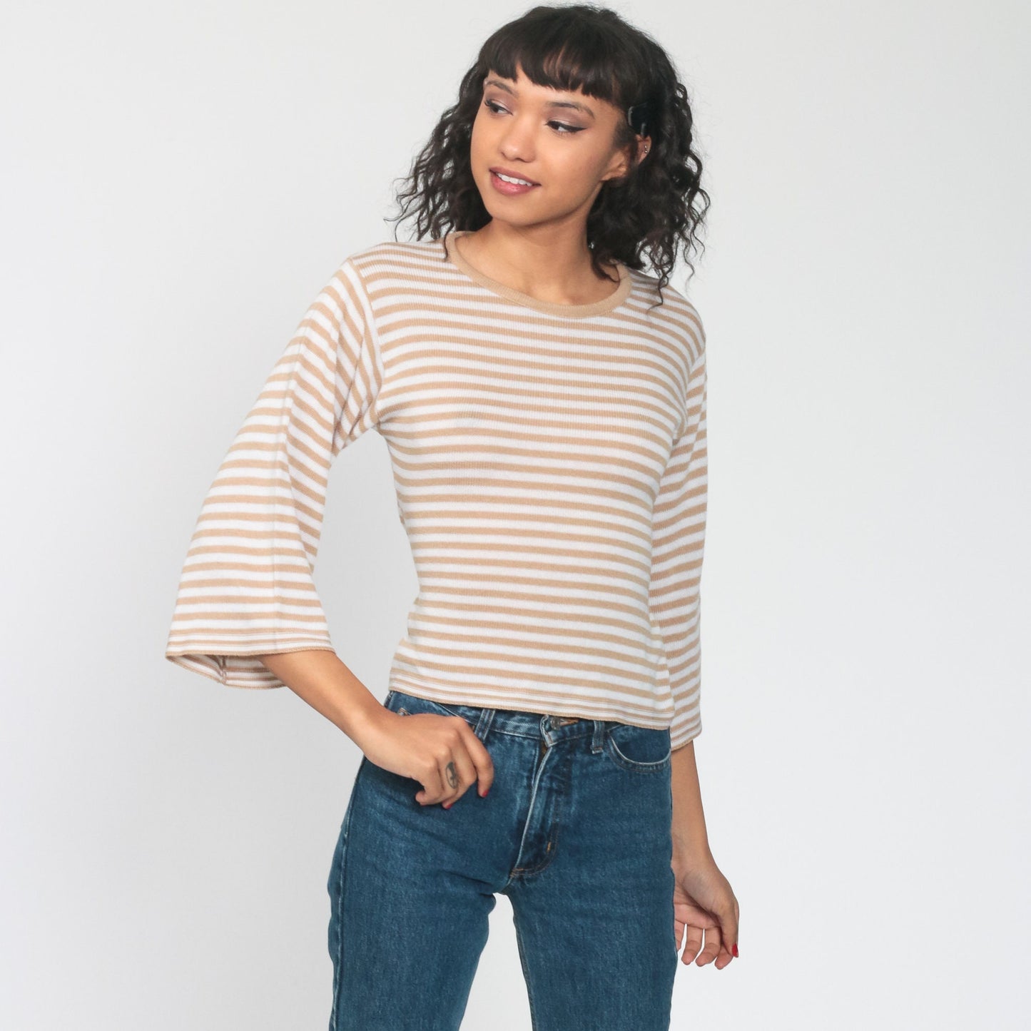 70s Tan Striped Knit Pullover Wide Sleeve Sweater Extra Small