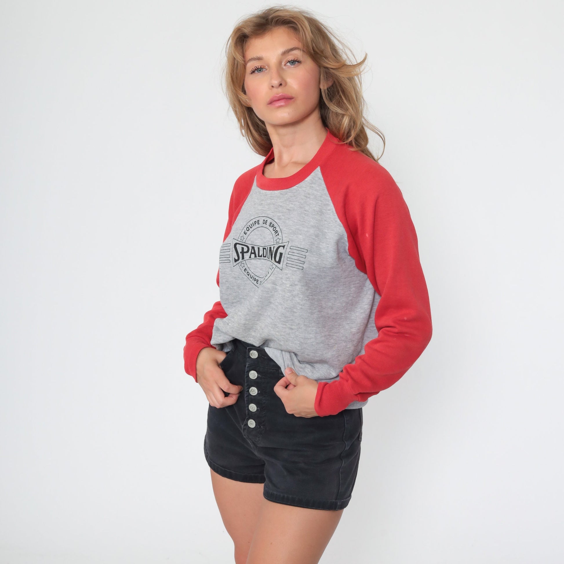 90s Spalding Crewneck Sweatshirt Grey Red Raglan Graphic Medium