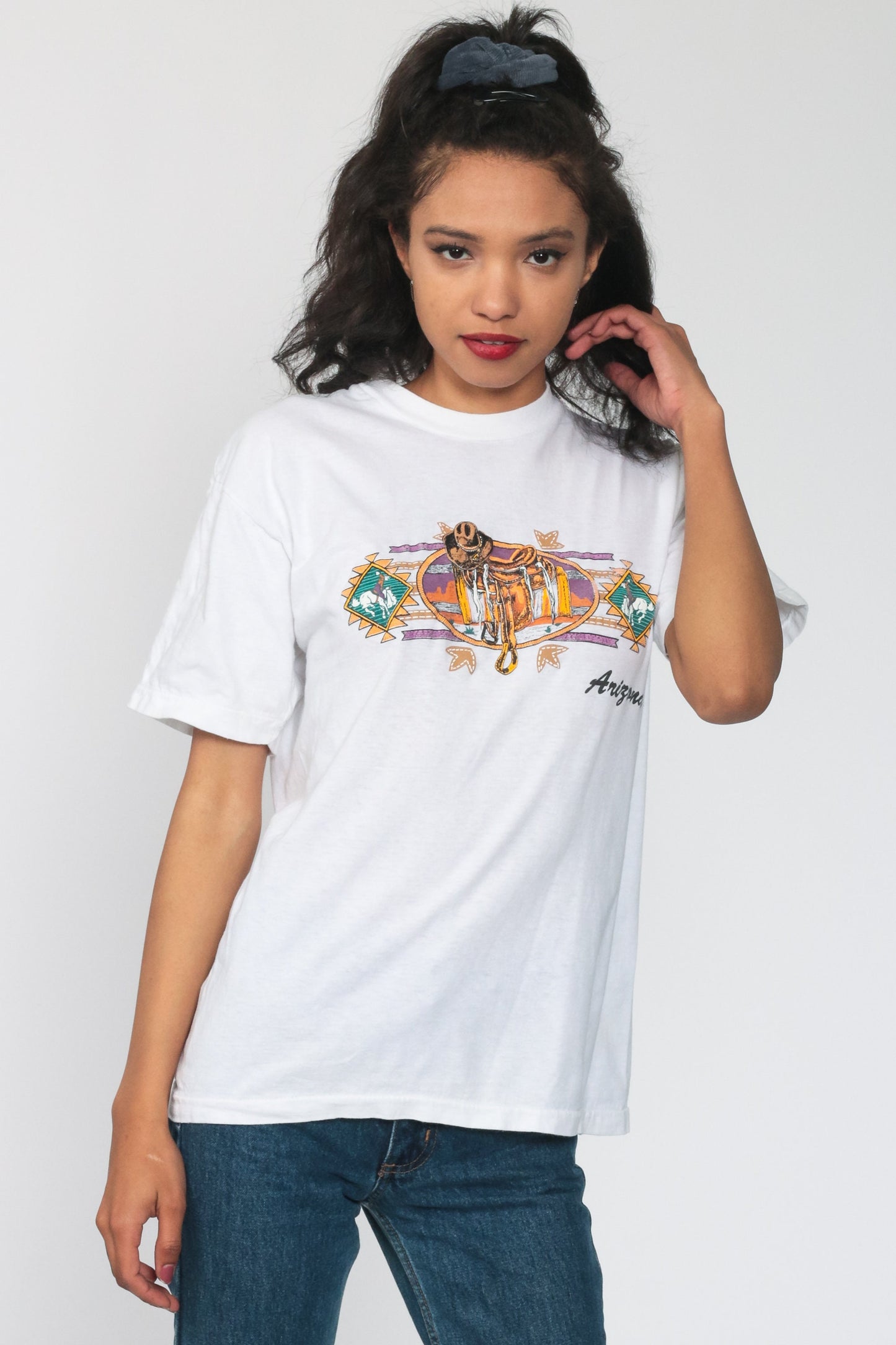80s Arizona Cowboy Saddle Graphic T-Shirt Western Boot Print Small