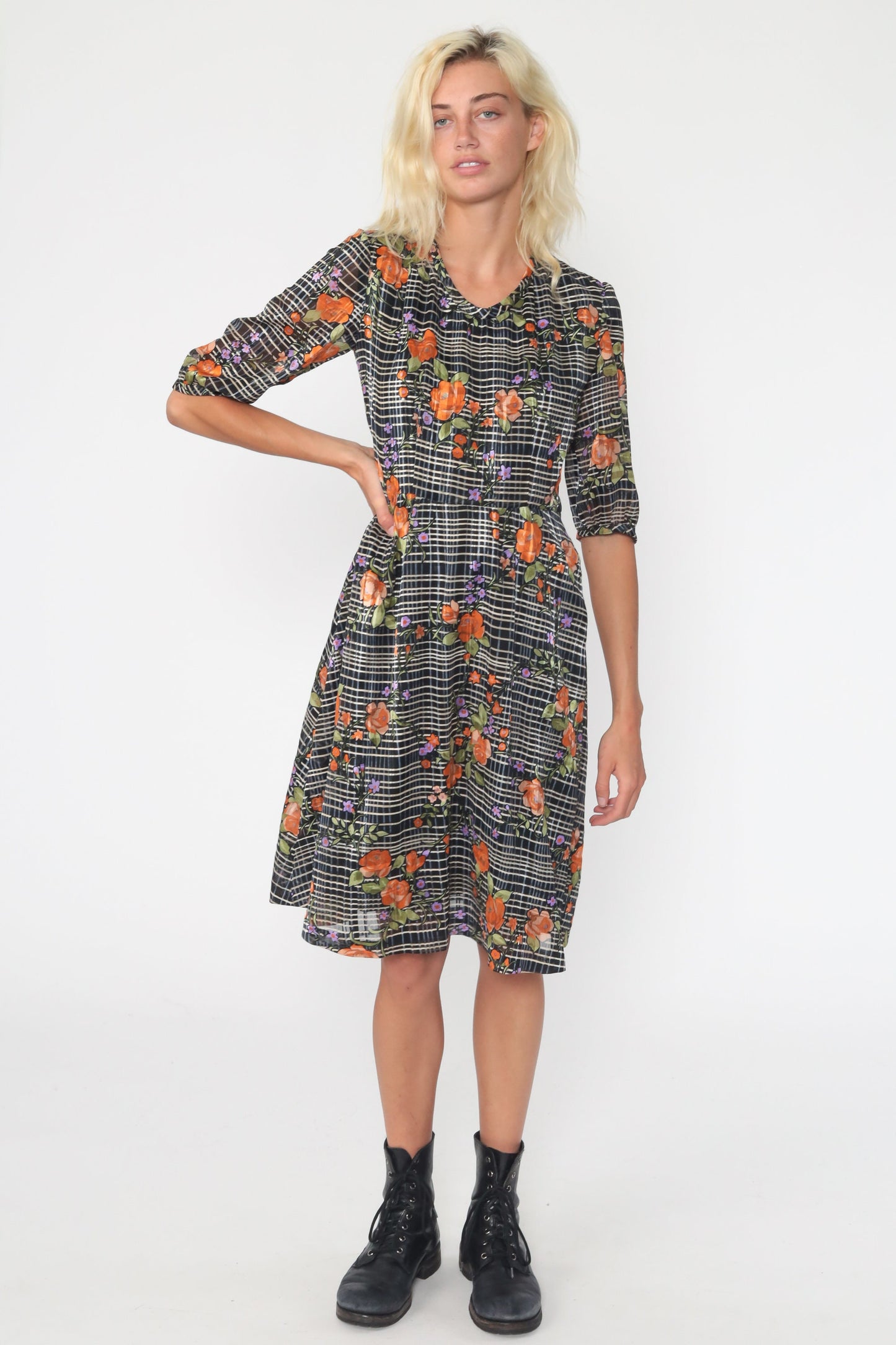 70s Floral Checkered Midi Dress High Waist Short Sleeve Black White Orange Small