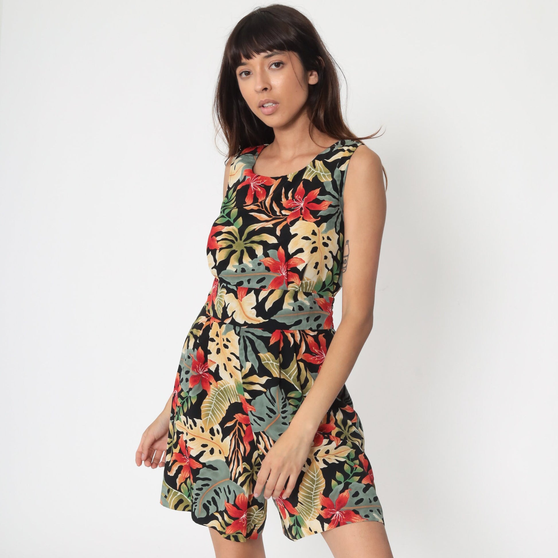 80s Black Tropical Romper Playsuit Back Cutout Cap Sleeve Small