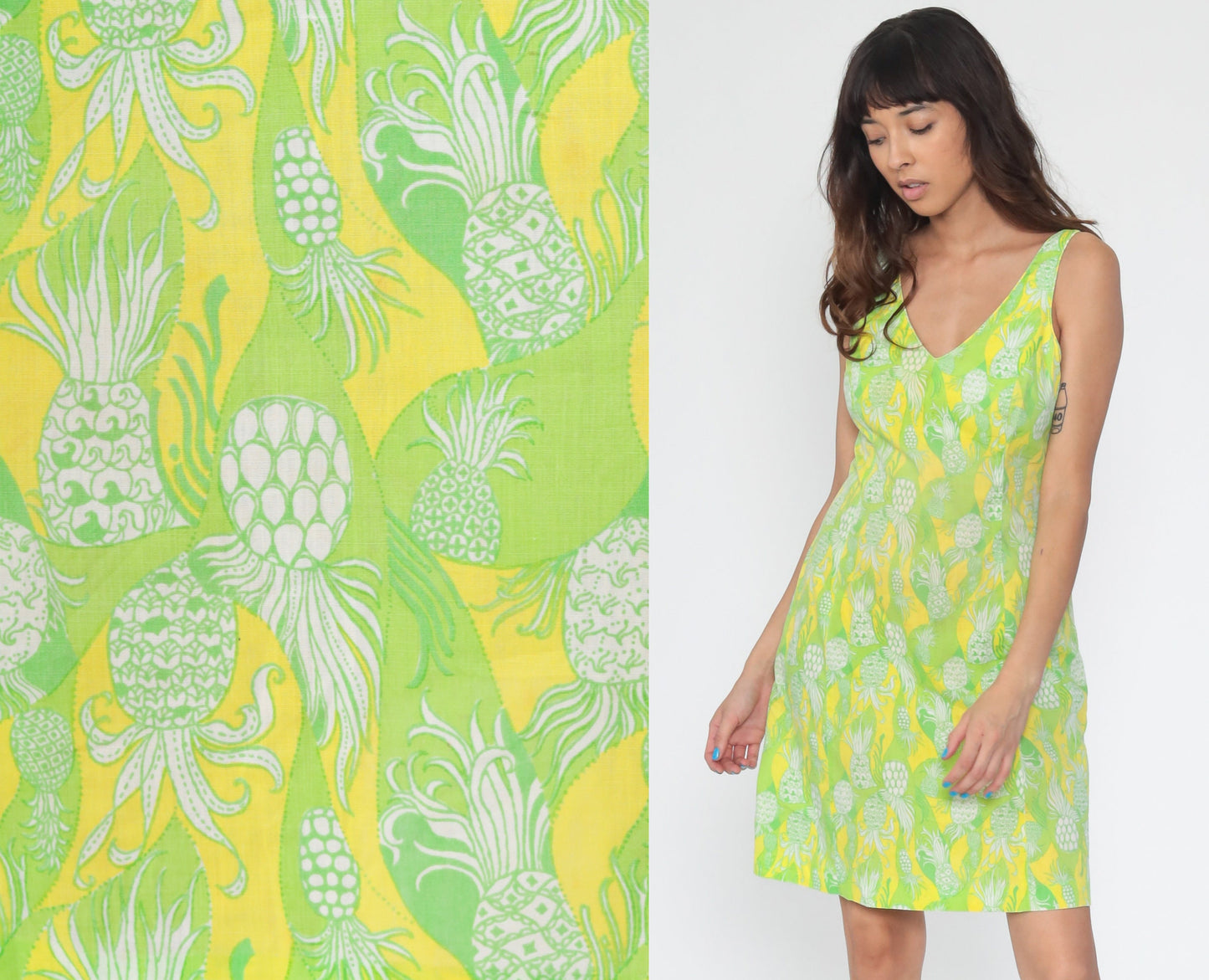 1970s Pineapple Print Mini Dress Green Tank Smocked V-Neck Small Medium