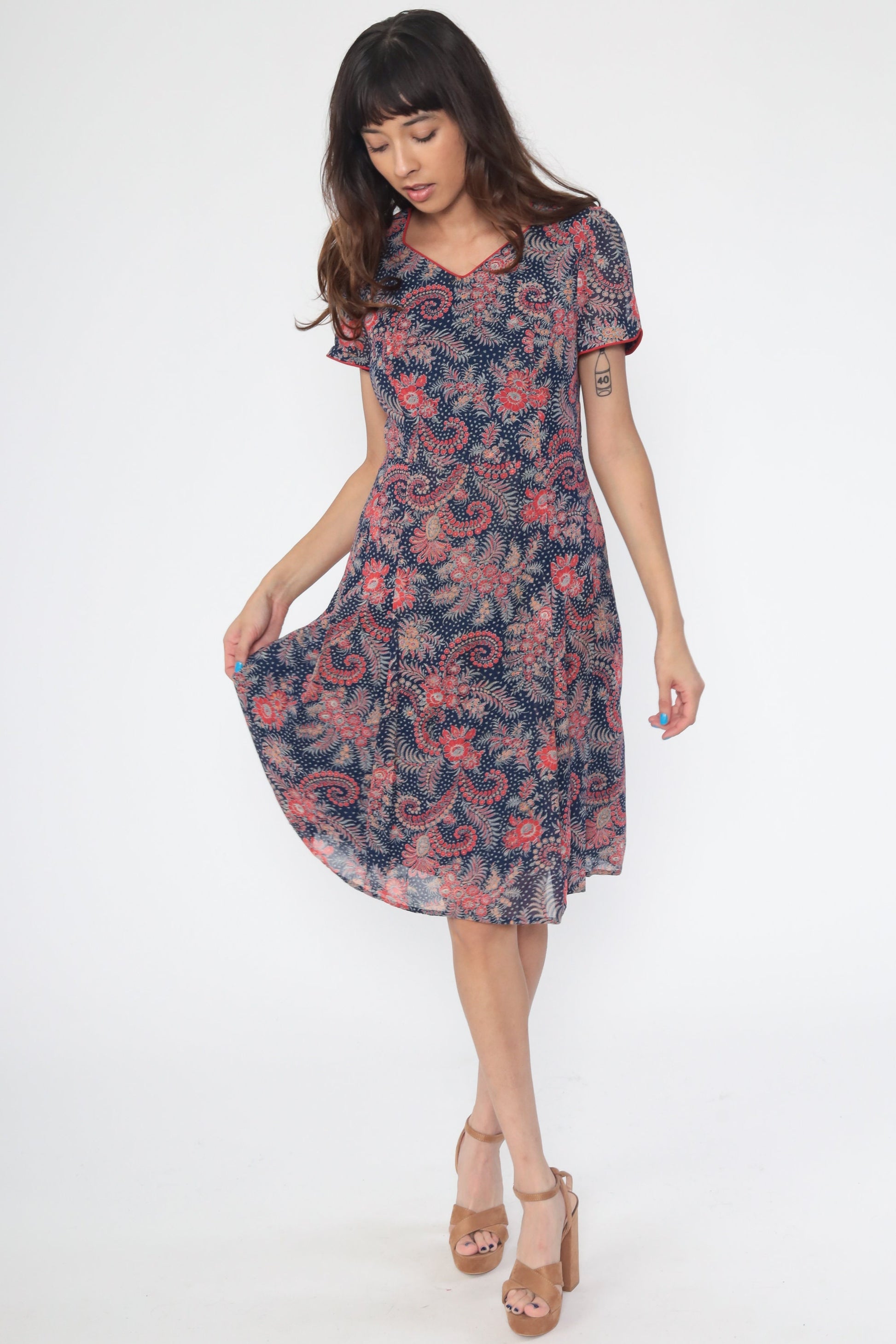 70s Floral Mini Shift Dress Puff Sleeve Red Navy Small
