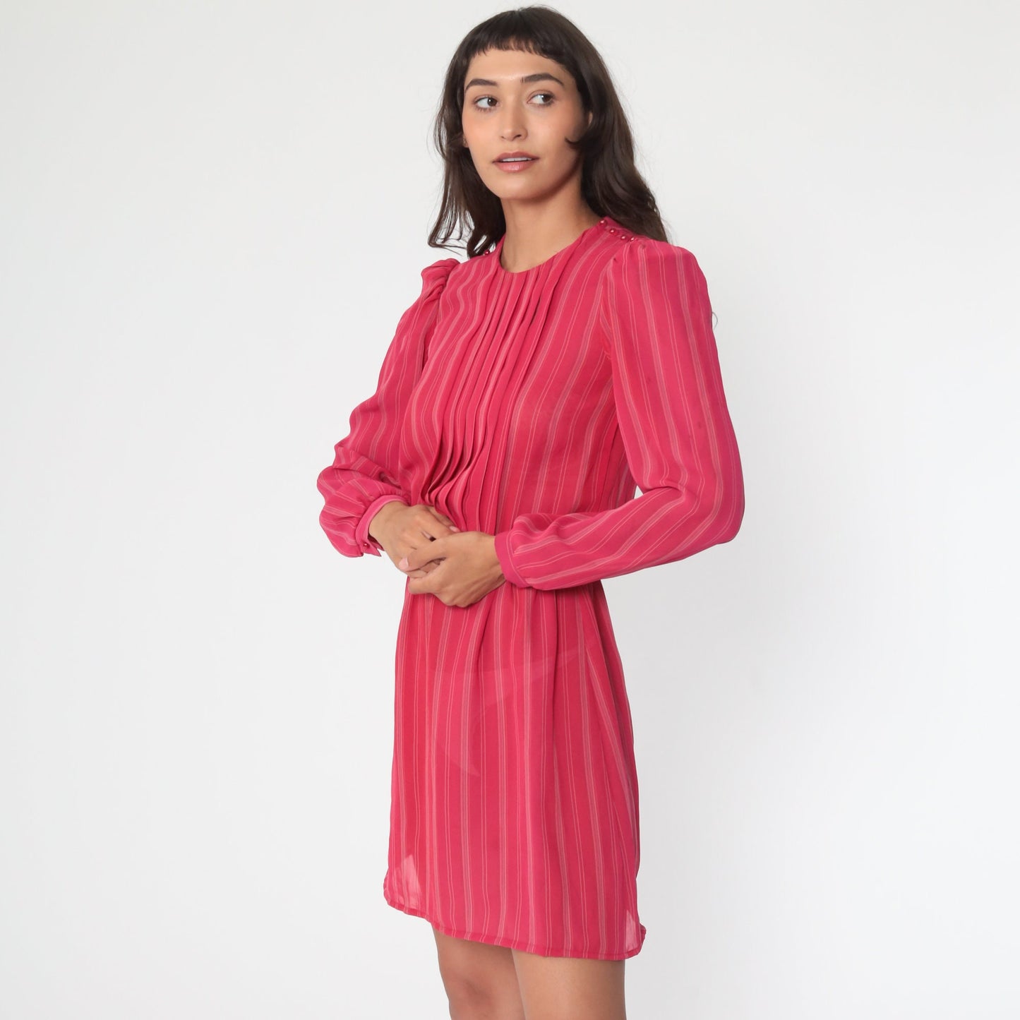 80s Puff Sleeve Mini Dress Red Striped Semi-Sheer Polyester Extra Small