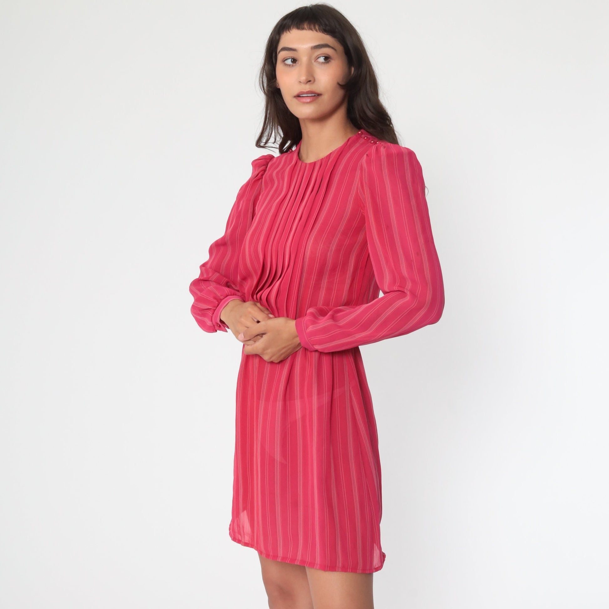 80s Puff Sleeve Mini Dress Red Striped Semi-Sheer Polyester Extra Small