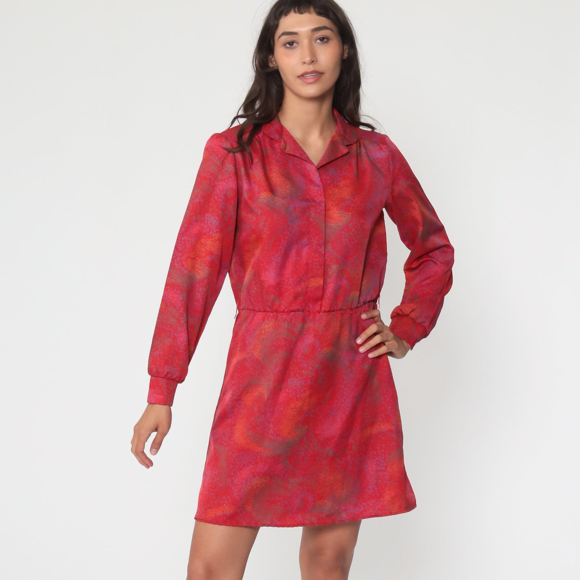70s Red Brushstroke Mini Dress High Waisted Button Up Long Sleeve Medium