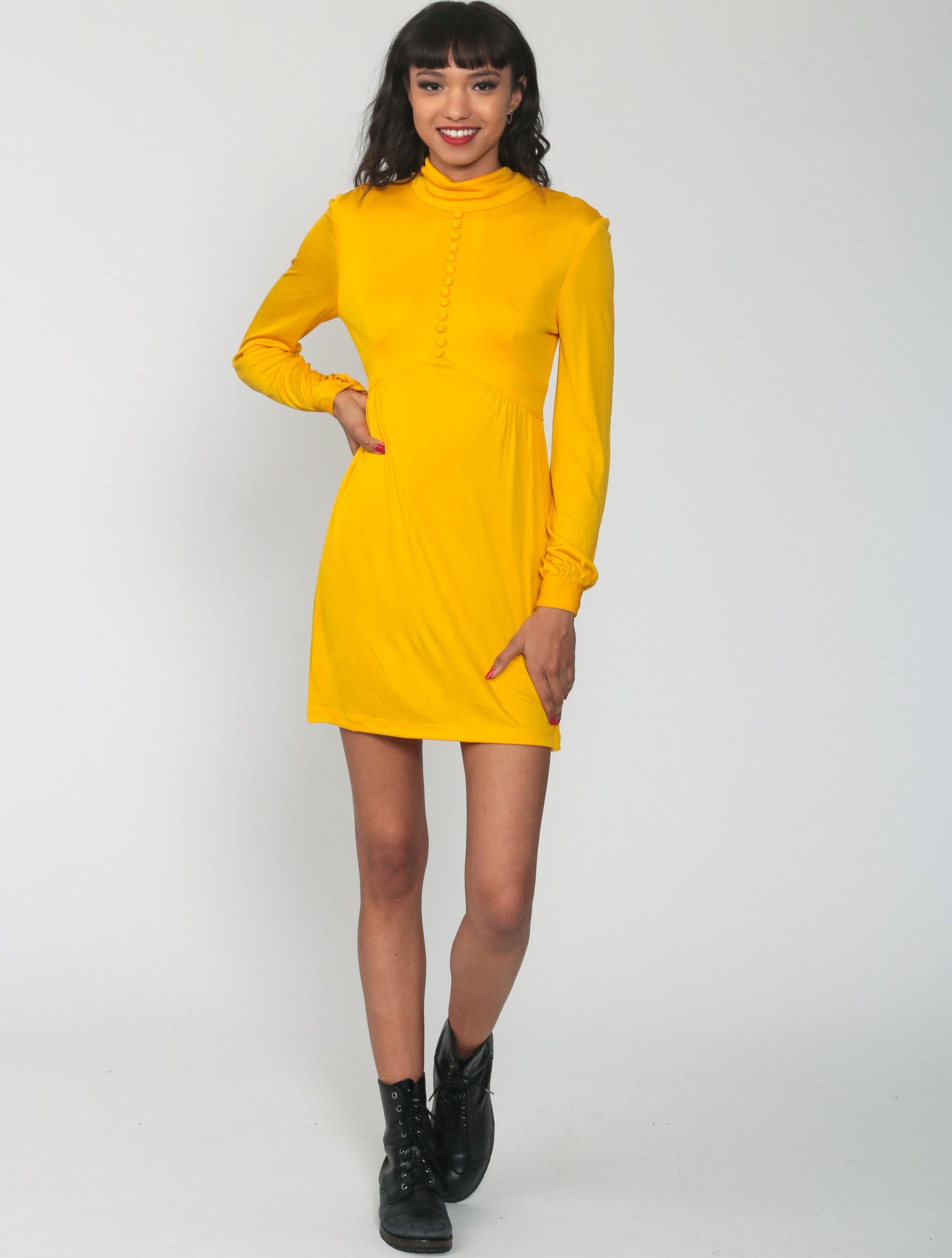 70s Yellow Babydoll Mini Dress Empire Waist Funnel Neck Long Sleeve Extra Small
