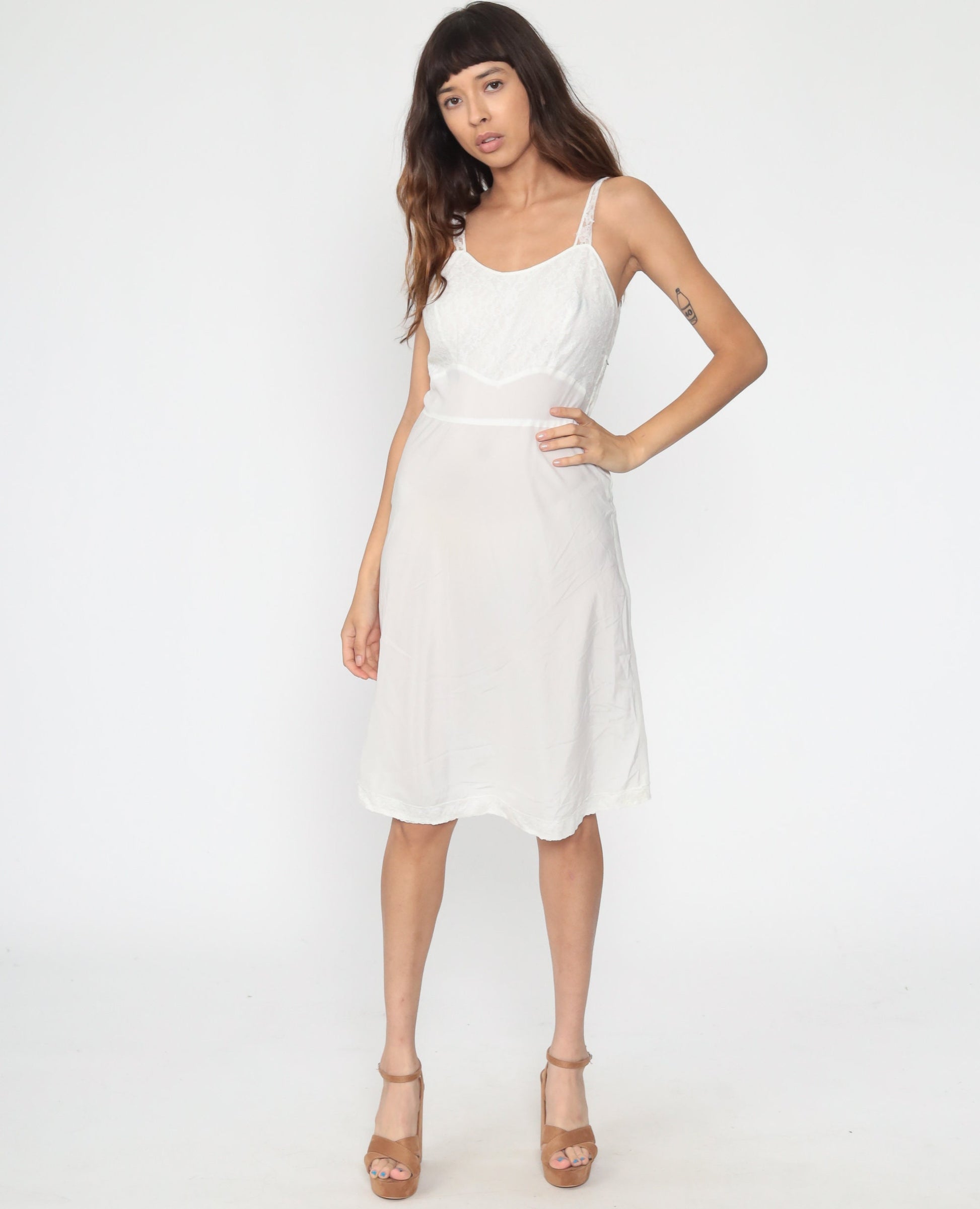 1950s Barbizon White Lace Slip Dress Midi Spaghetti Strap Small Medium