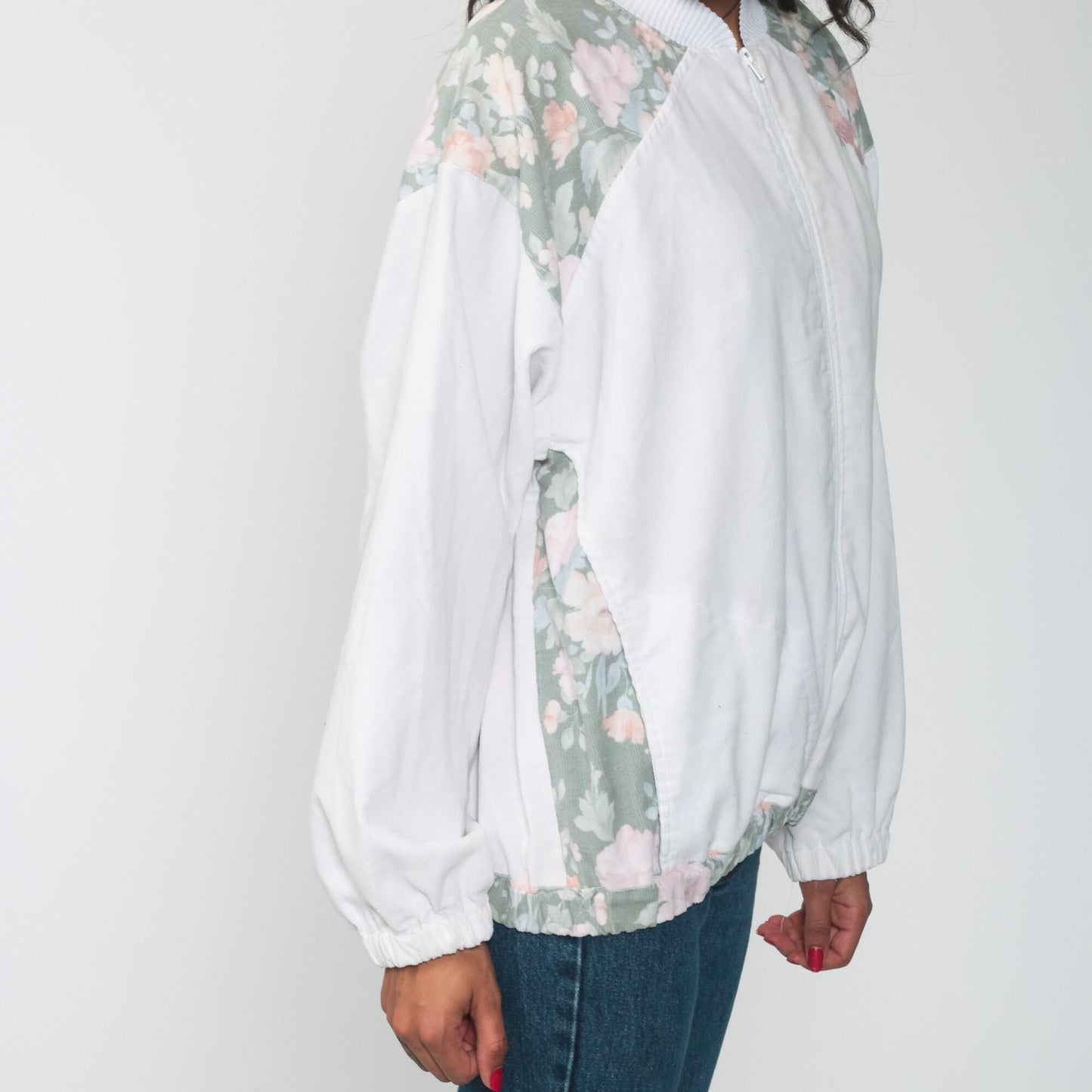 80s Floral Embroidered Bomber Jacket White Windbreaker Zip-Up Medium