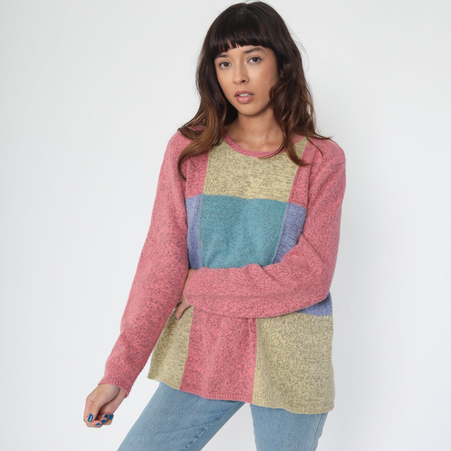90s Christopher Banks Wool Blend Color Block Pullover Sweater Pink Teal Large