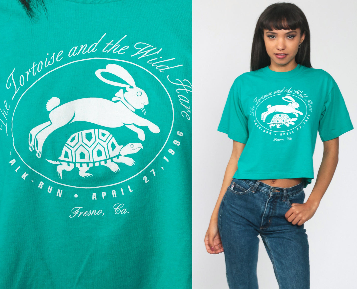1996 Tortoise and Hare Fresno Walk Run Graphic Tee Green Small