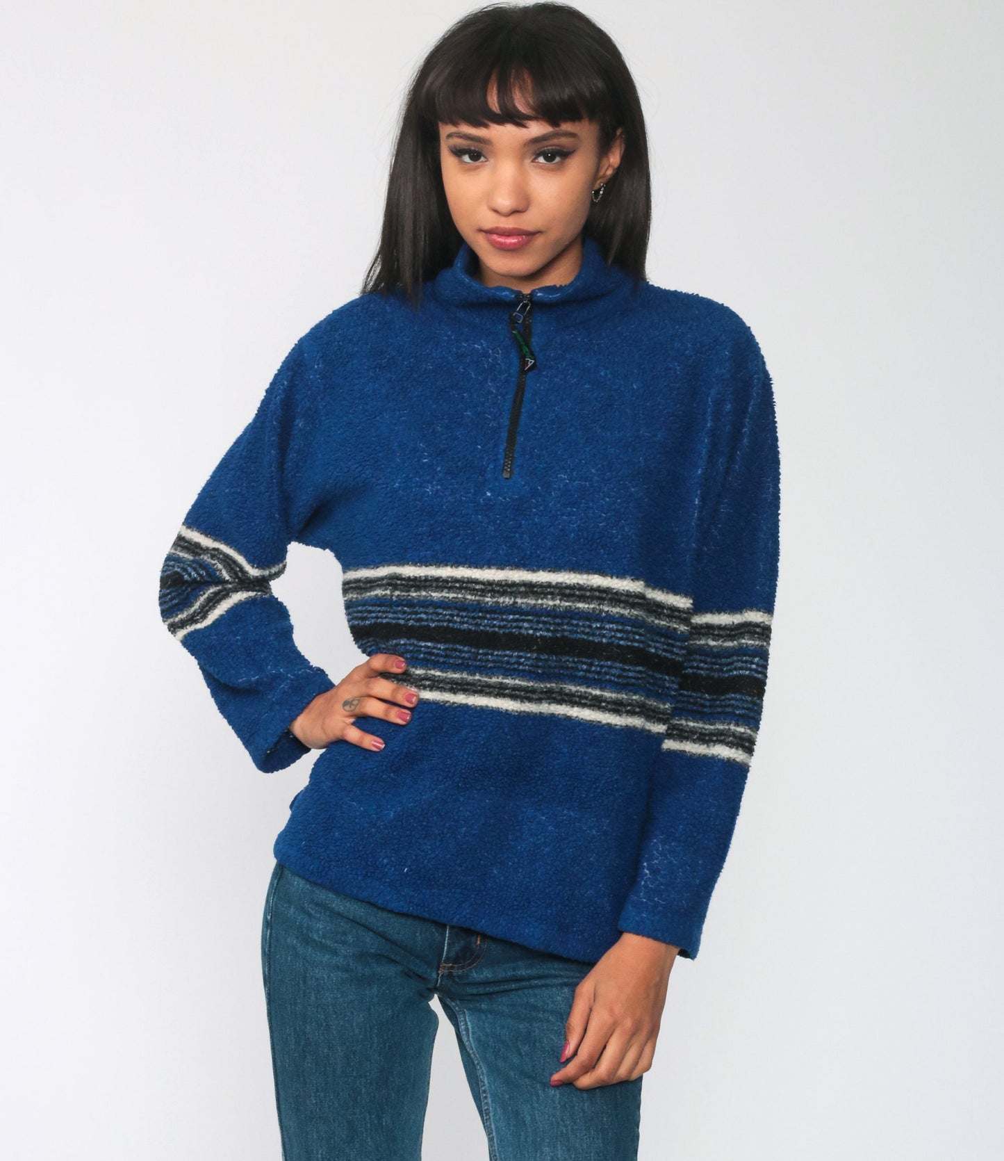 90s Avalanche Blue Striped Fleece Half-Zip Pullover Jacket Small