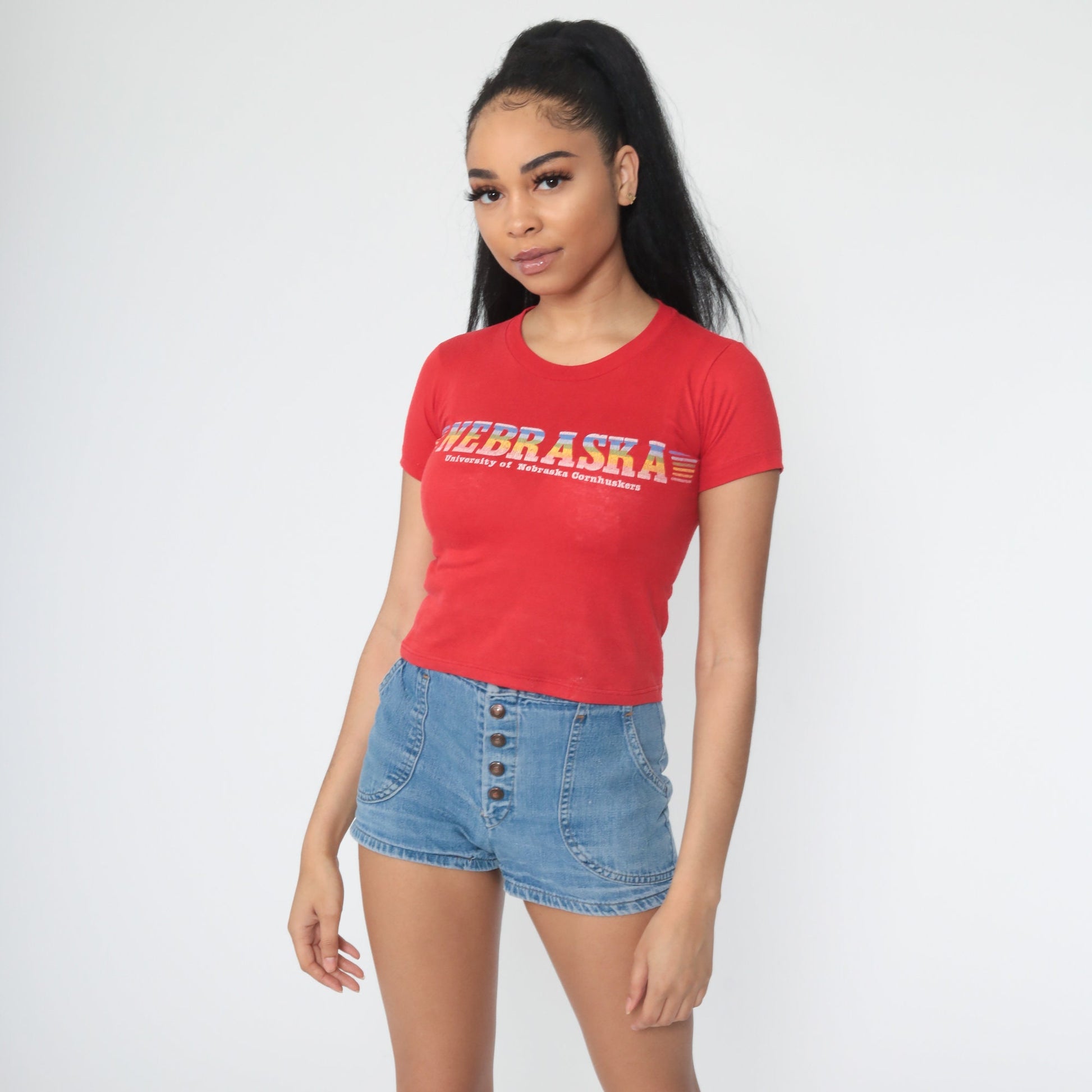 80s Nebraska Huskers Rainbow T-Shirt Cotton Tee Extra Small XXS