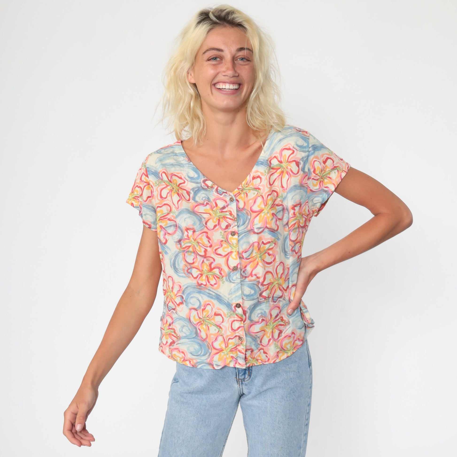 90s Floral Swirl Rayon Button Up Blouse Short Sleeve Pink Blue Medium