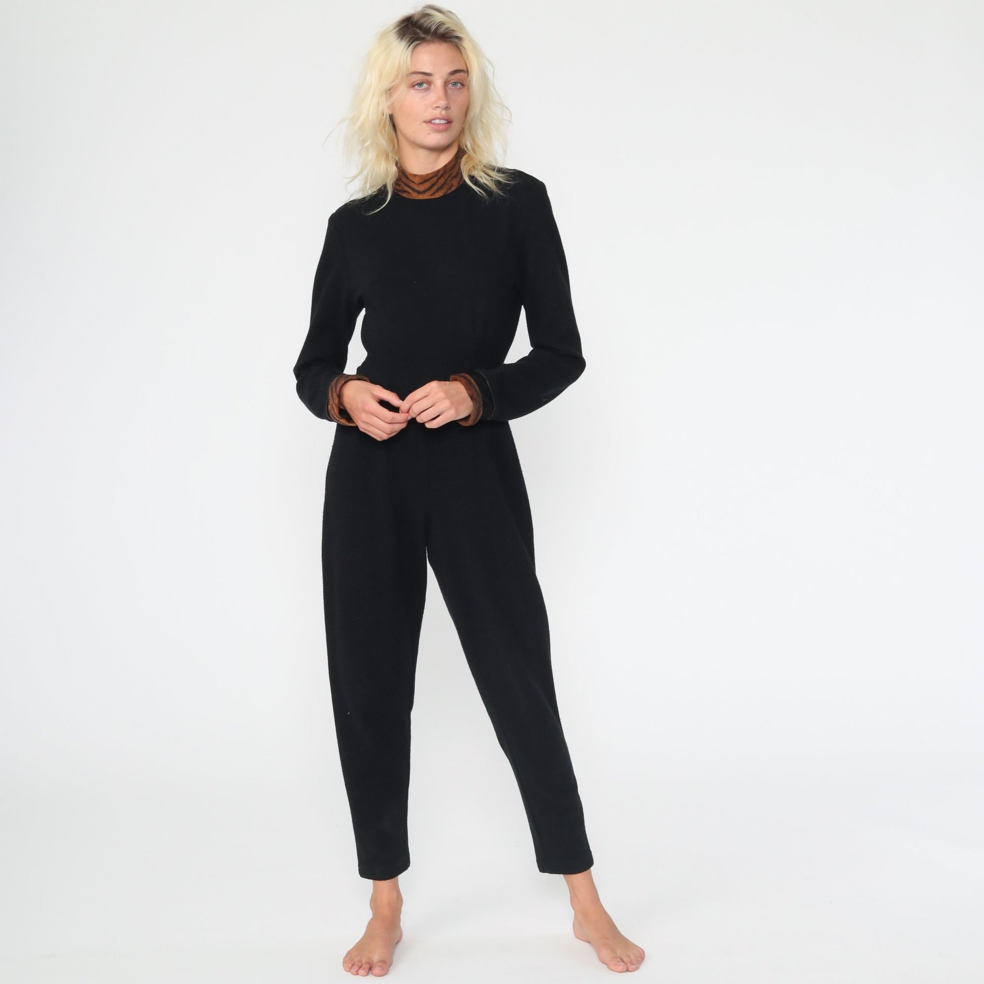 90s Black Jumpsuit Tiger Print Collar Turtleneck Tapered Small S