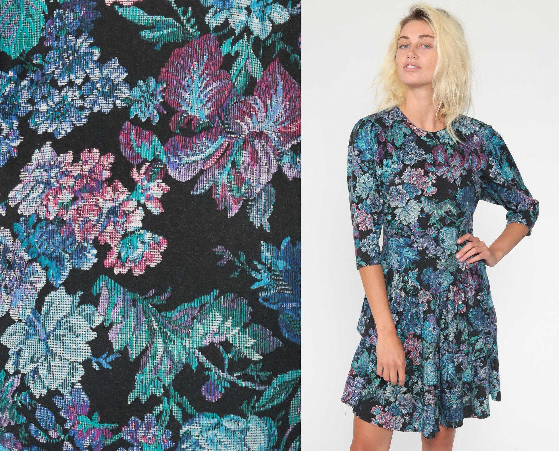 80s Tapestry Floral Mini Dress Puff Sleeve Drop Waist Black Blue Extra Small