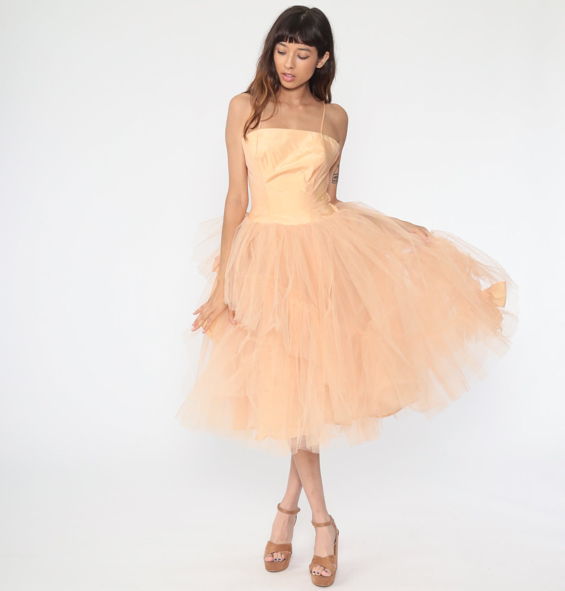 1950s Peach Tulle Party Dress Spaghetti Strap Gown Extra Small