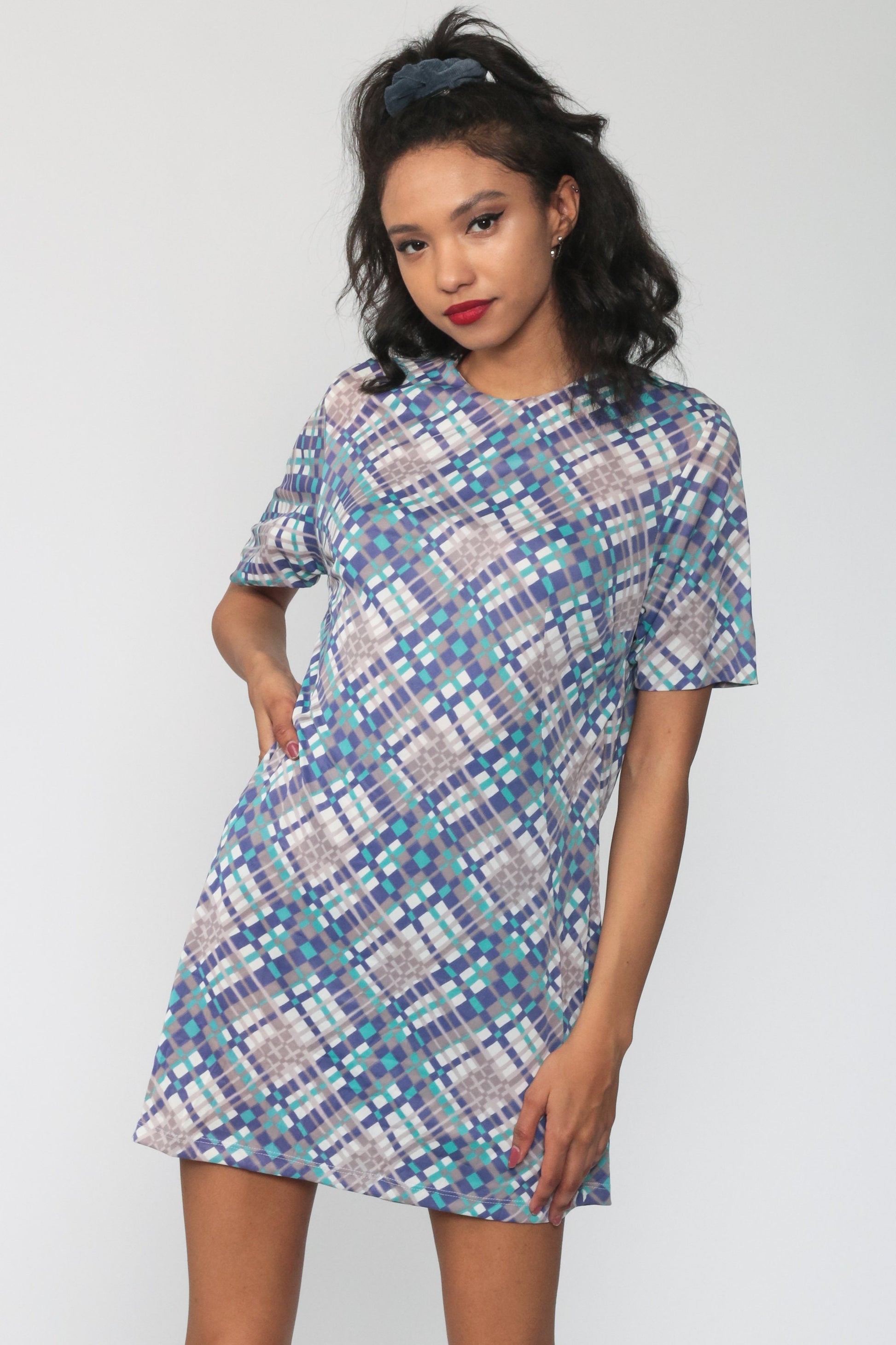 60s Mod Checkered Mini Shift Dress Purple Plaid Short Sleeve Medium Large