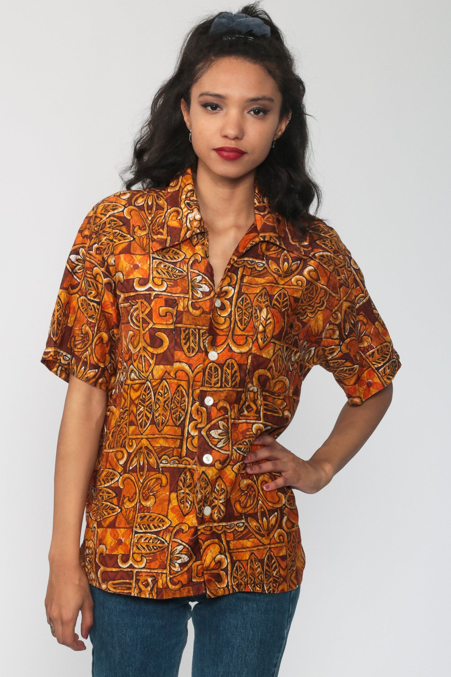70s Hawaiian Tiki Print Button-Up Shirt Orange Tropical Blouse Medium Large