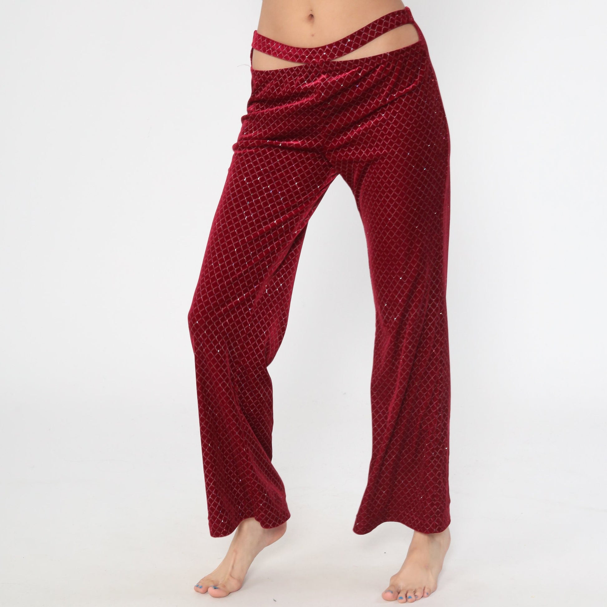 90s Red Velvet Bell Bottom Pants Glitter Cutout Clubwear Medium Large