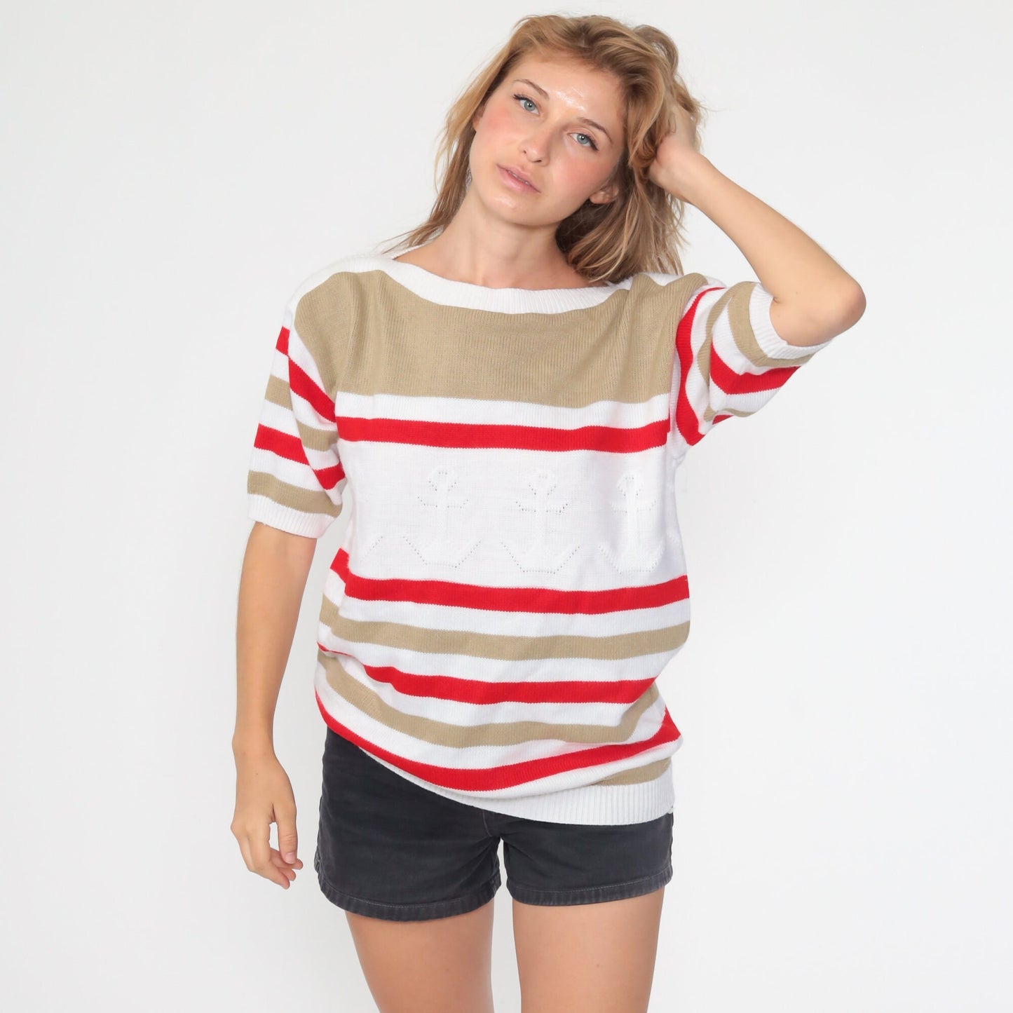 80s Anchor Nautical Striped Knit Sweater White Red Boatneck Short Sleeve Large