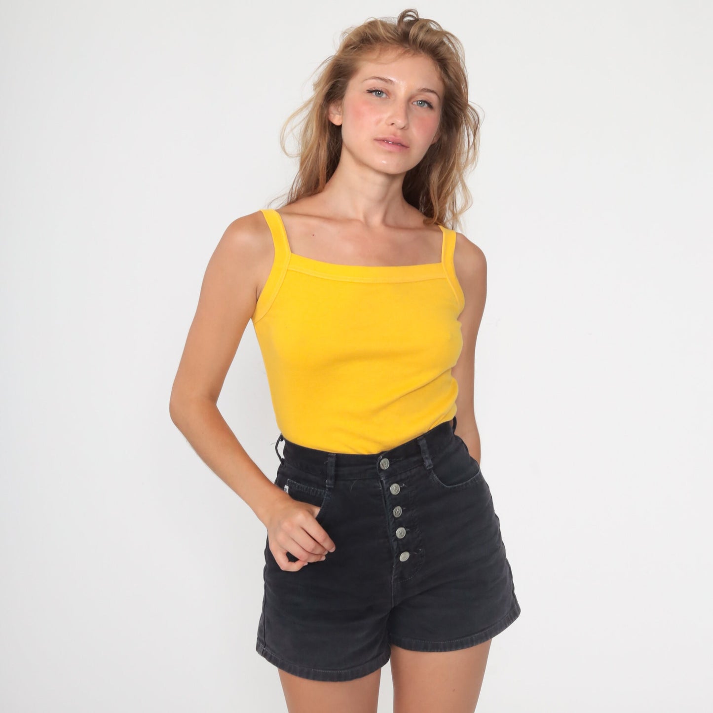 80s Yellow Tank Top Square Neckline Sleeveless Cotton Blend Extra Small
