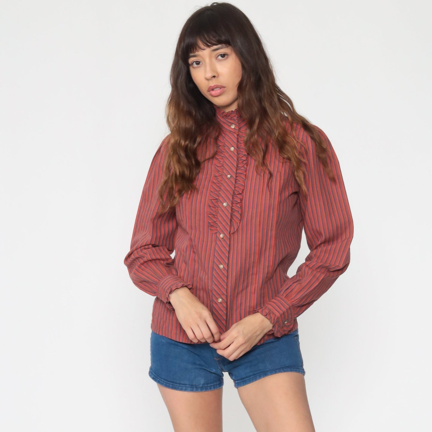 80s Puff Sleeve Button-Up Blouse Orange Red Striped Ruffled Long Sleeve Small