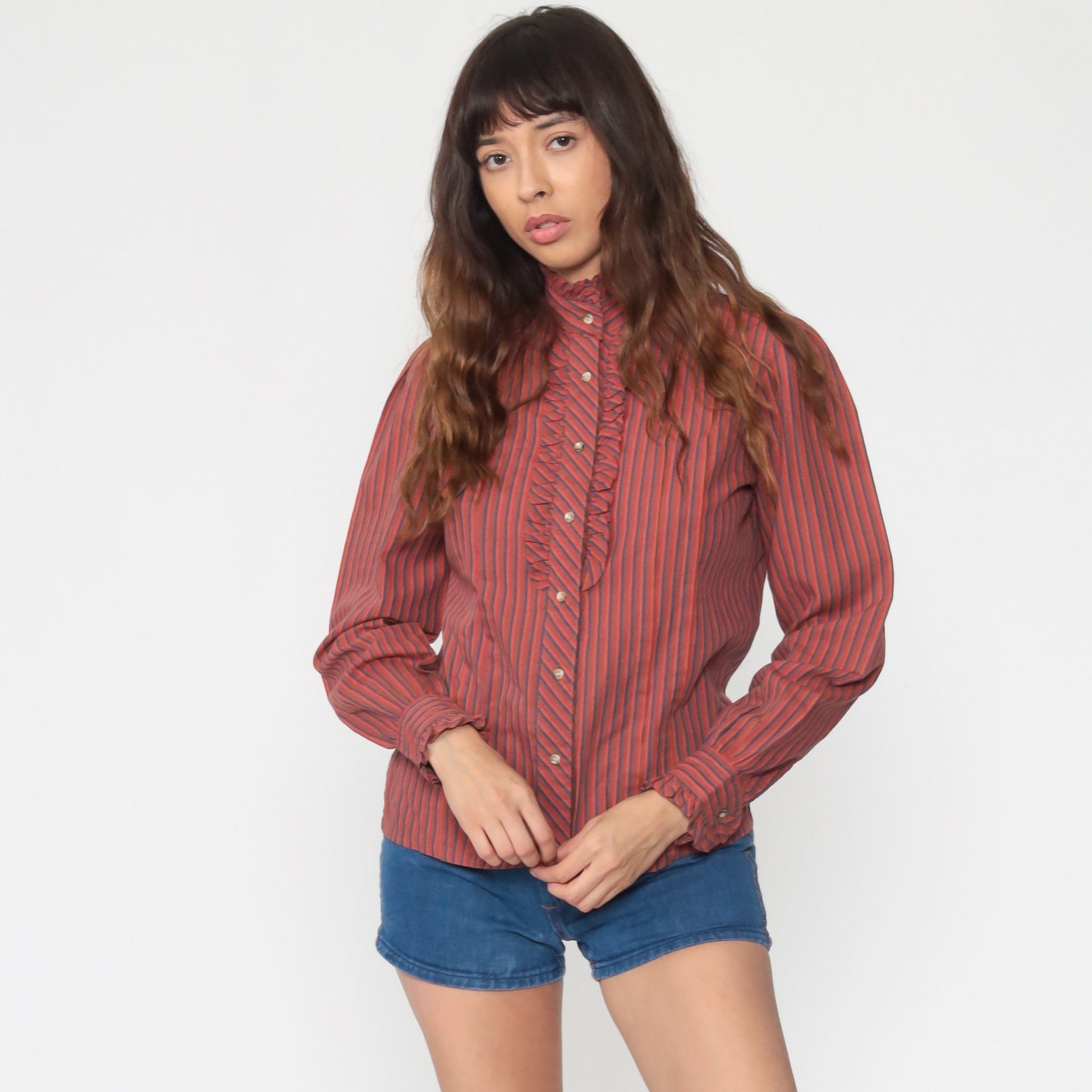 80s Puff Sleeve Button-Up Blouse Orange Red Striped Ruffled Long Sleeve Small