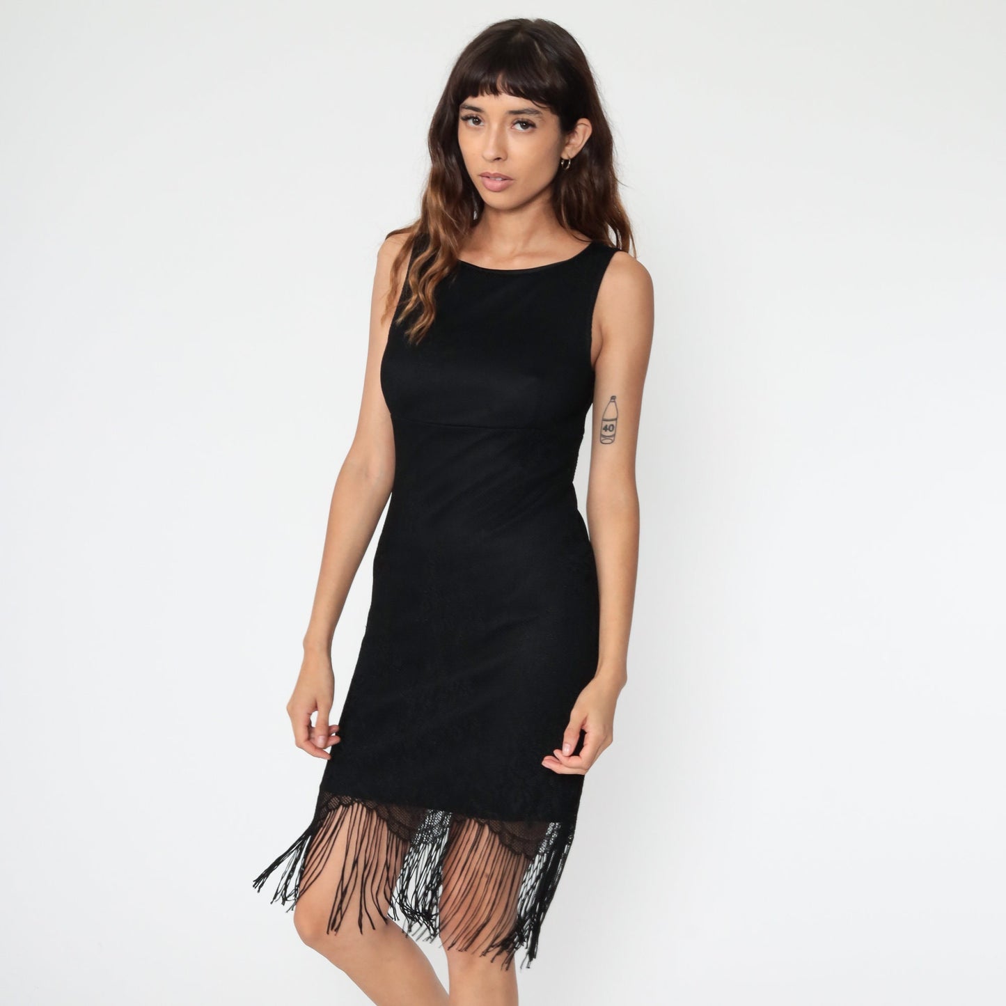 90s Black Lace Fringe Mini Dress Sleeveless Small Medium