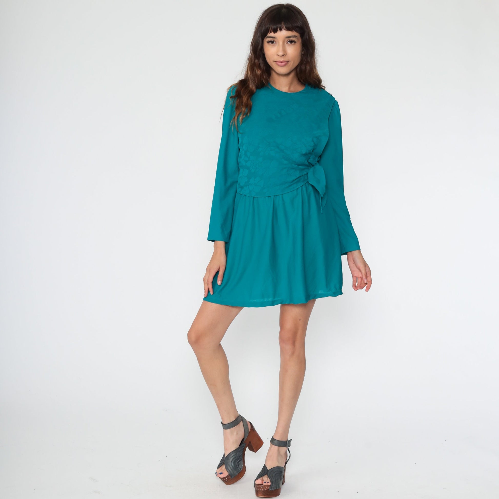 80s Teal Floral Mini Dress Puff Sleeve Fit and Flare Small Medium