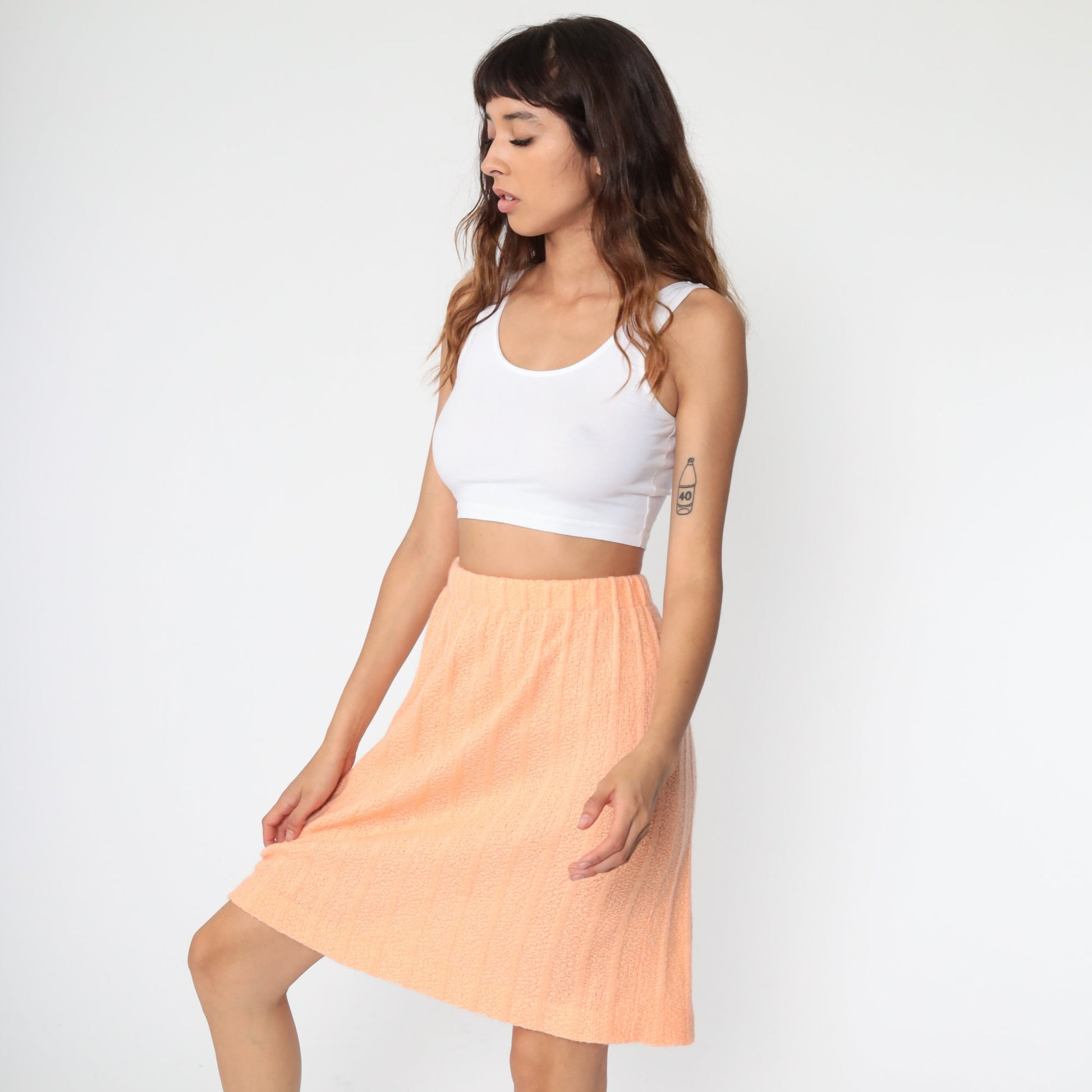 70s Peach Ribbed Knit Mini Skirt High Waist A-Line Small