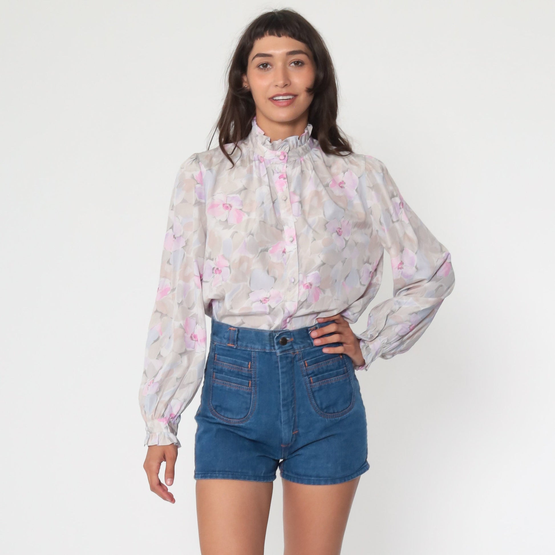 70s Floral Ruffle Button-Up Blouse Purple Pastel Long Sleeve Medium