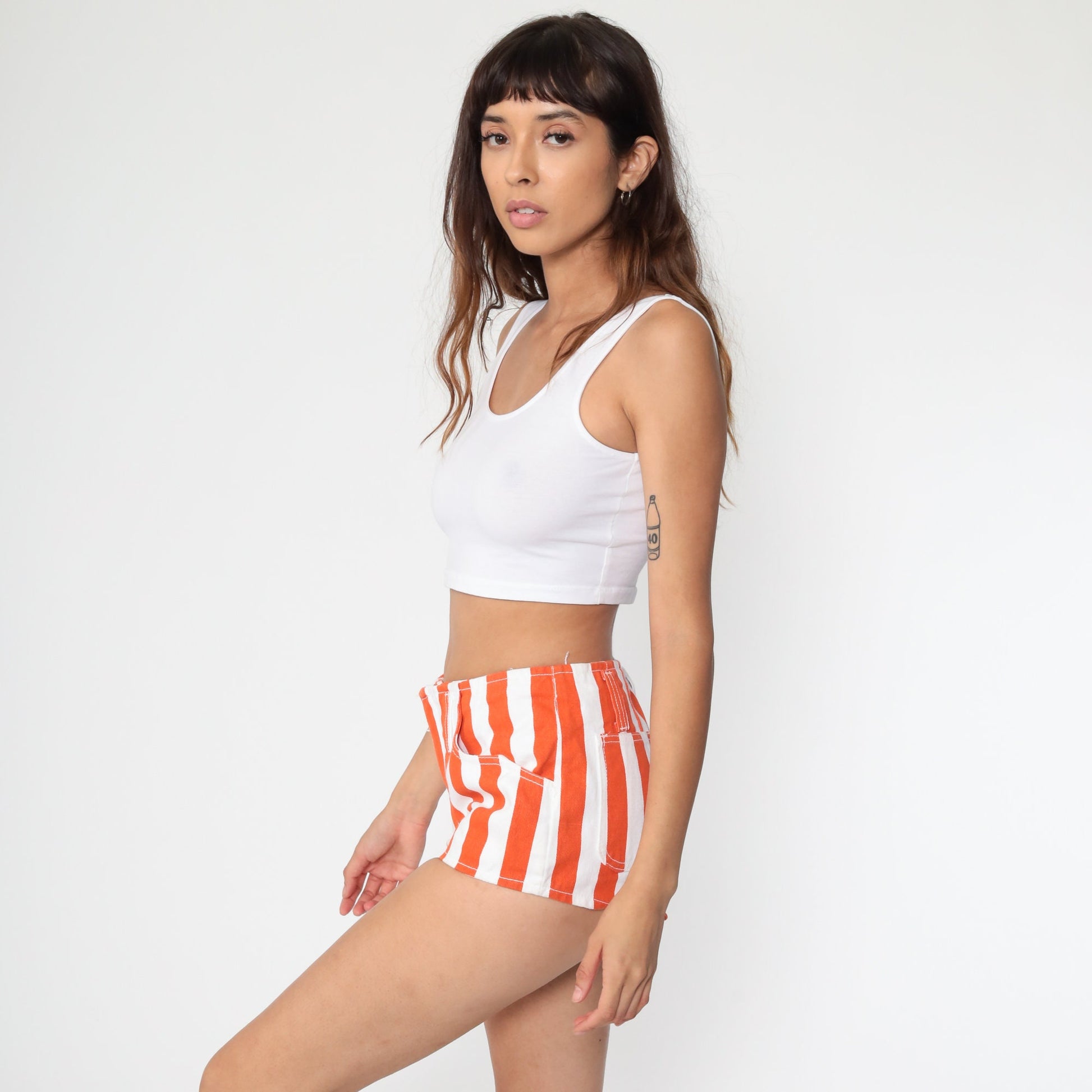80s Striped Denim Shorts White Blue Cotton Jean Hotpants Small