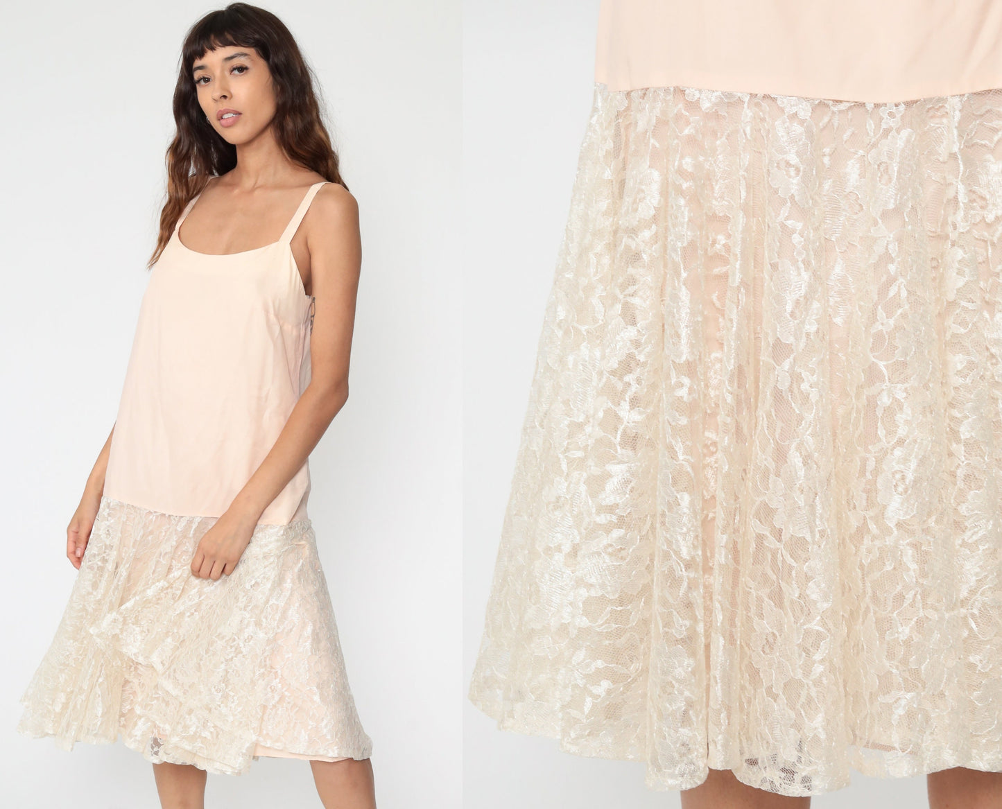 80s Peach Lace Drop Waist Midi Slip Dress Sleeveless Party Medium 8