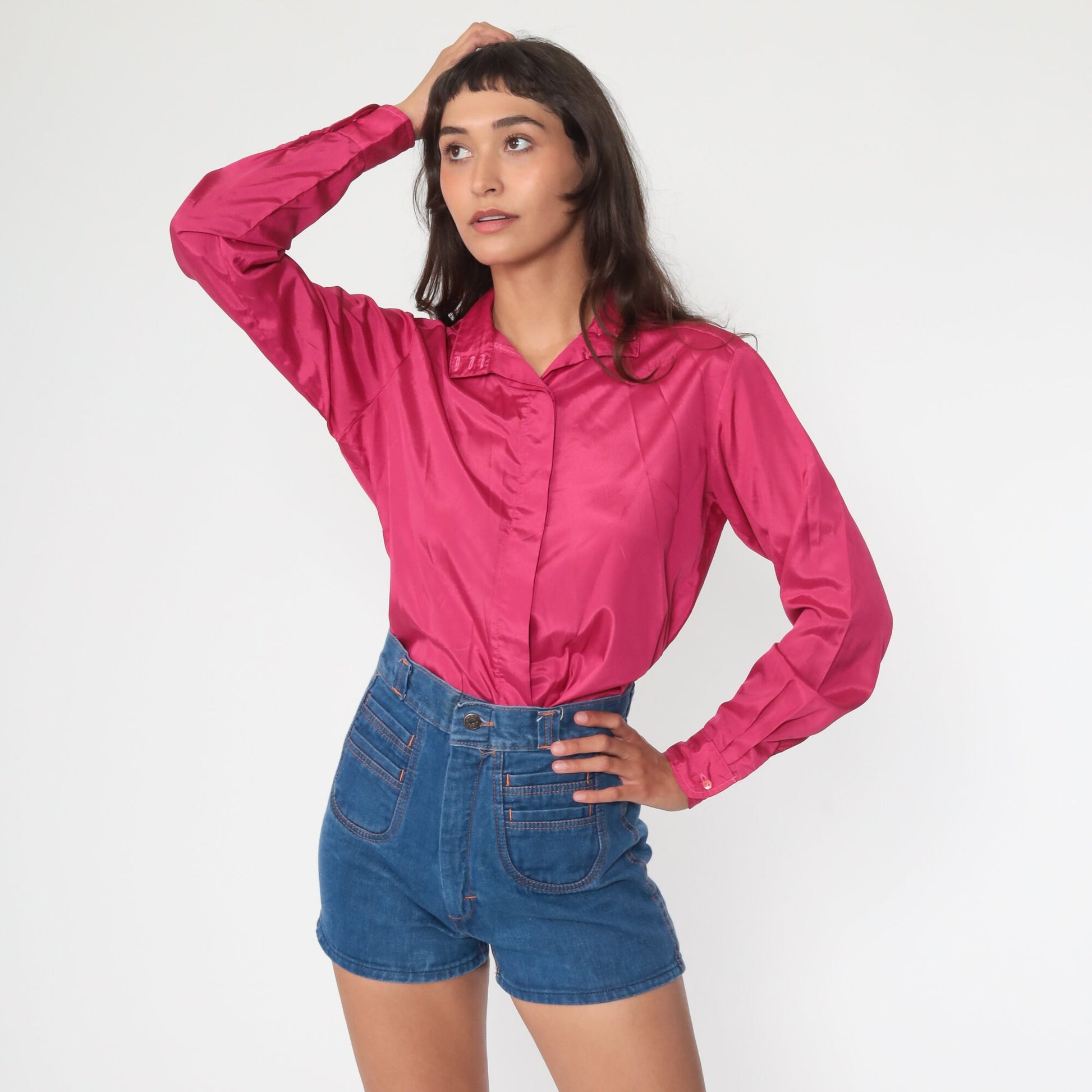 80s Pink Button-Up Blouse Long Sleeve Collared Shirt Medium