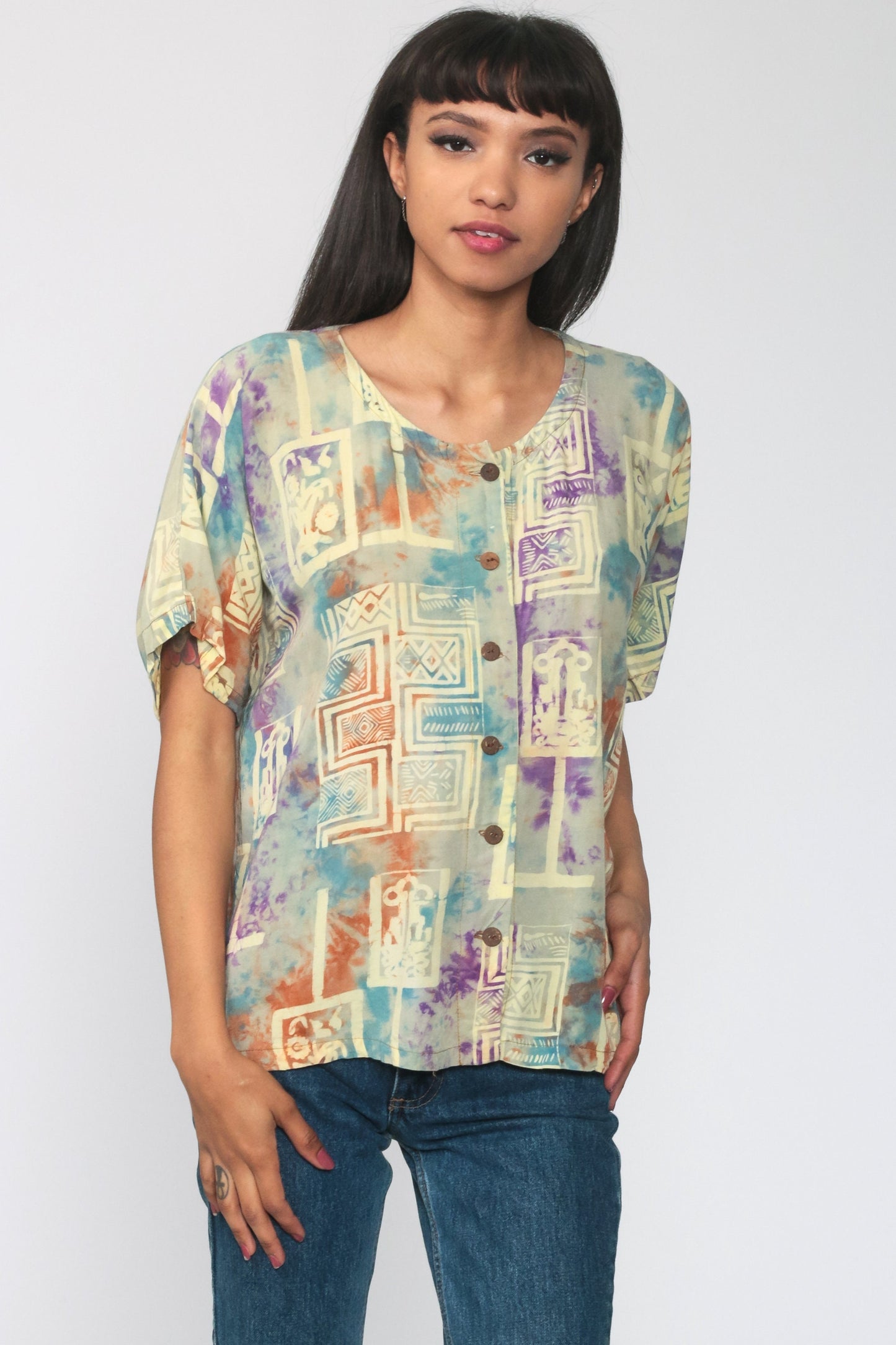 00s Tie Dye Batik Button Up Shirt Yellow Short Sleeve Extra Large XL
