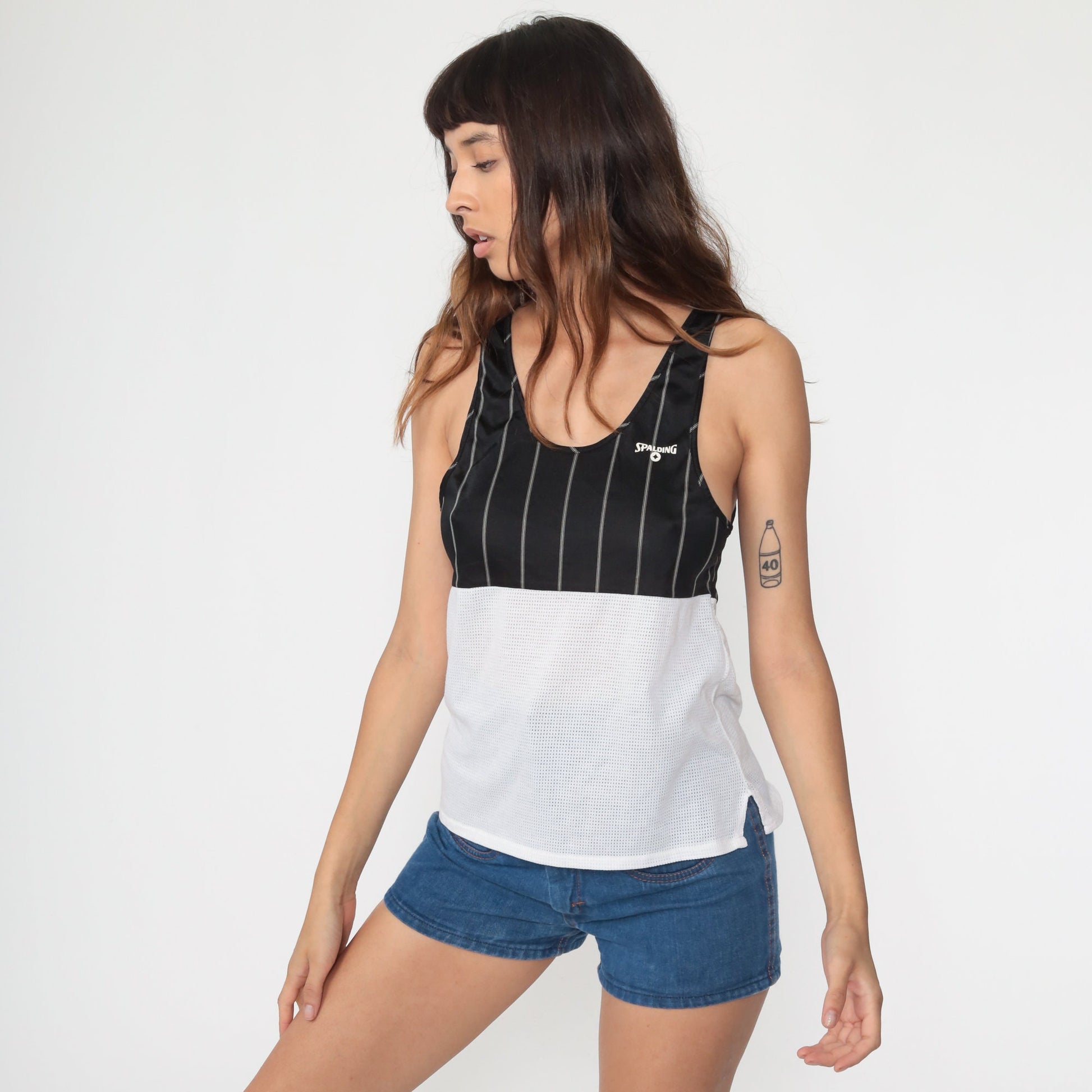 80s Spalding Mesh Tank Top Black White Color Block Sheer Small