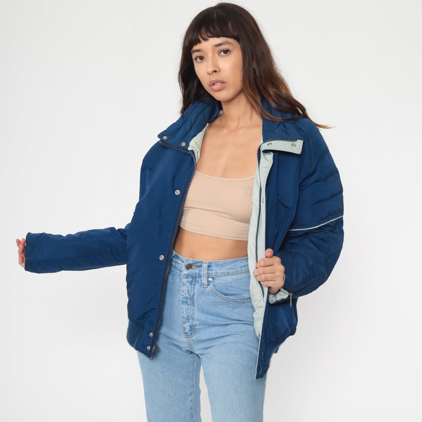 80s Blue Down Puffer Ski Jacket Nylon Striped Coat Large