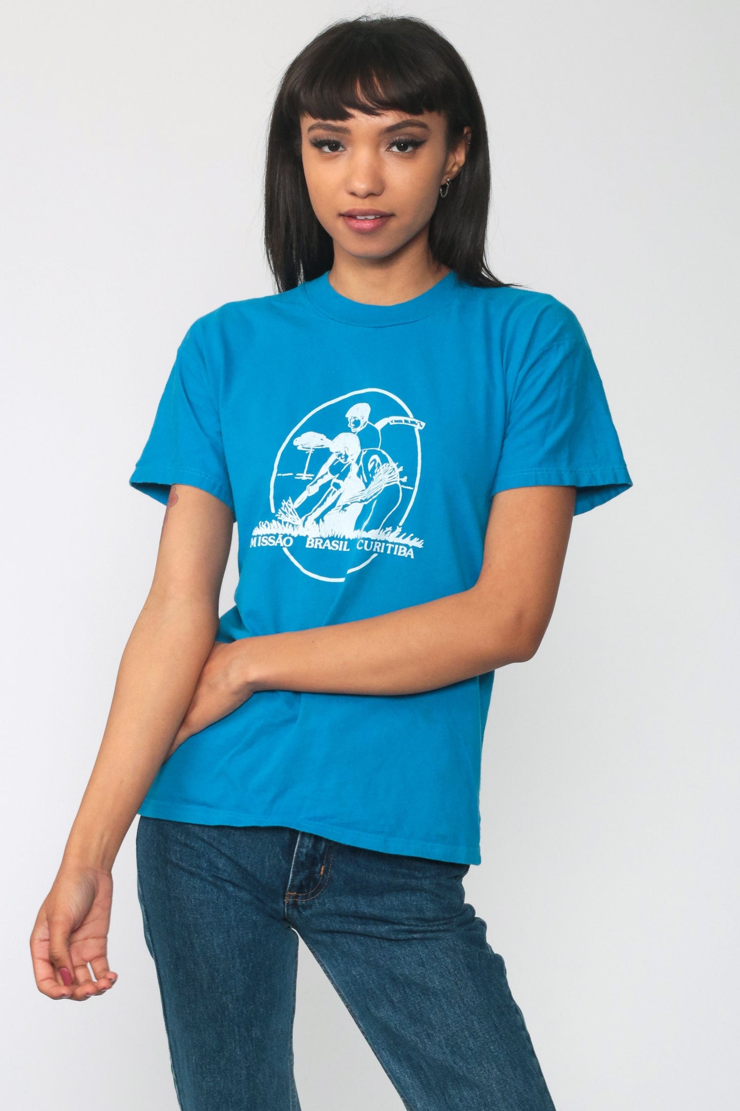 80s Curitiba Brazil Mission Graphic T-Shirt Cotton Blue Extra Small