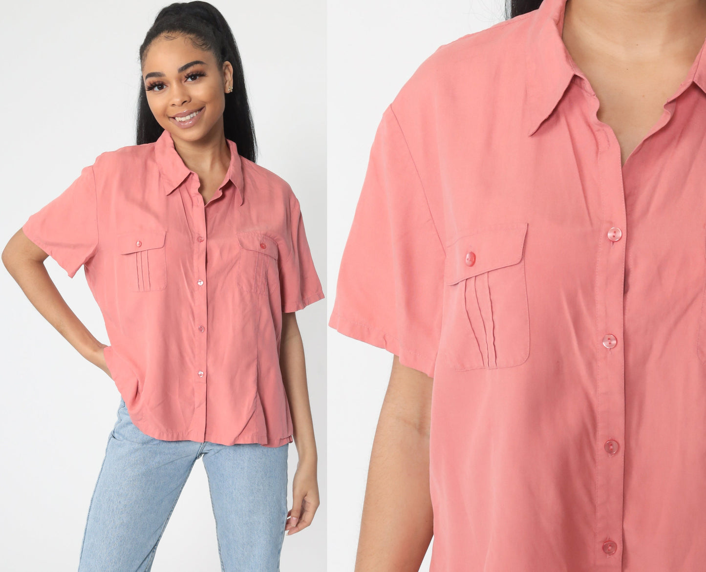 90s Pink Silk Button-Up Shirt Short Sleeve Blouse Large