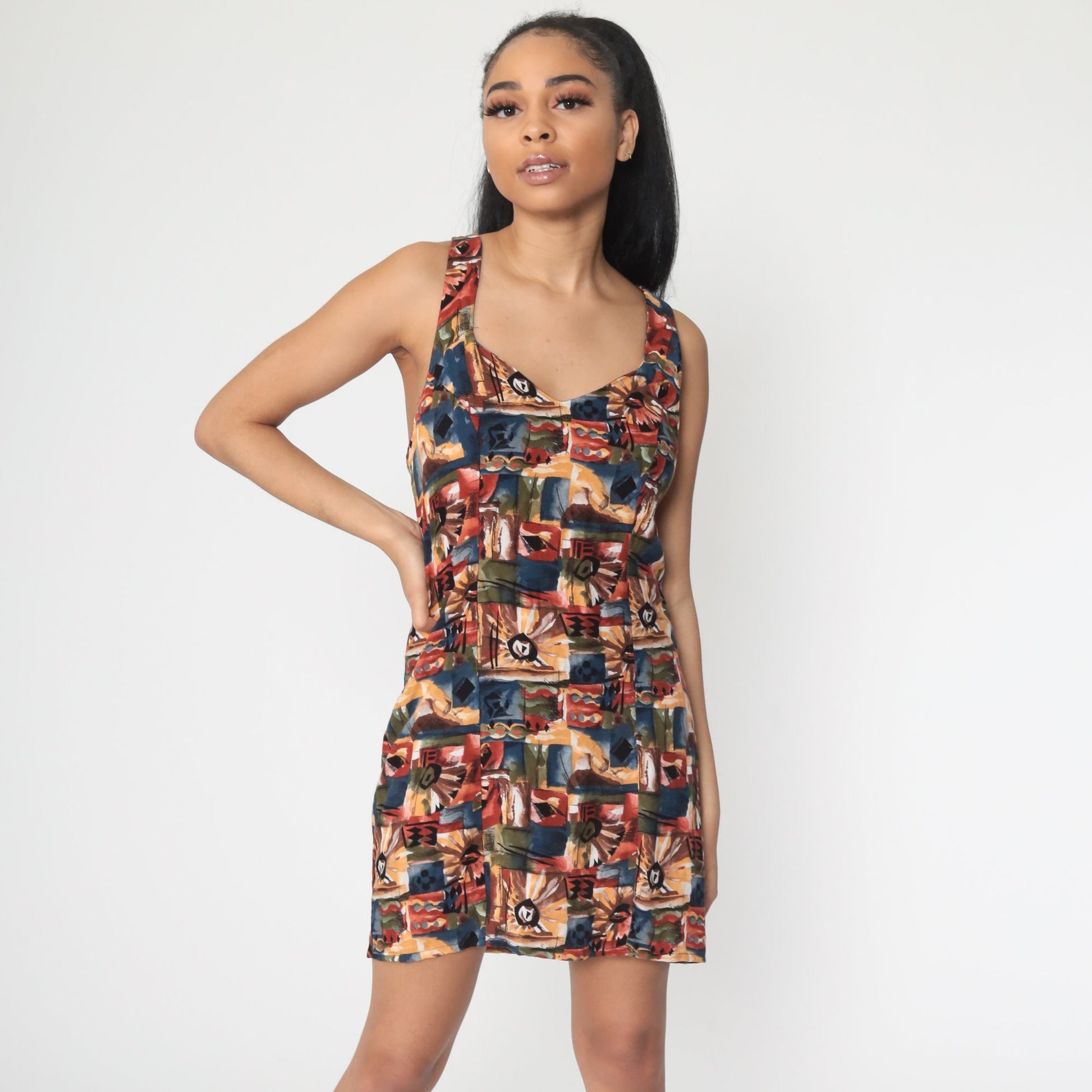 90s Floral Mini Sundress Criss Cross Back Rayon Small