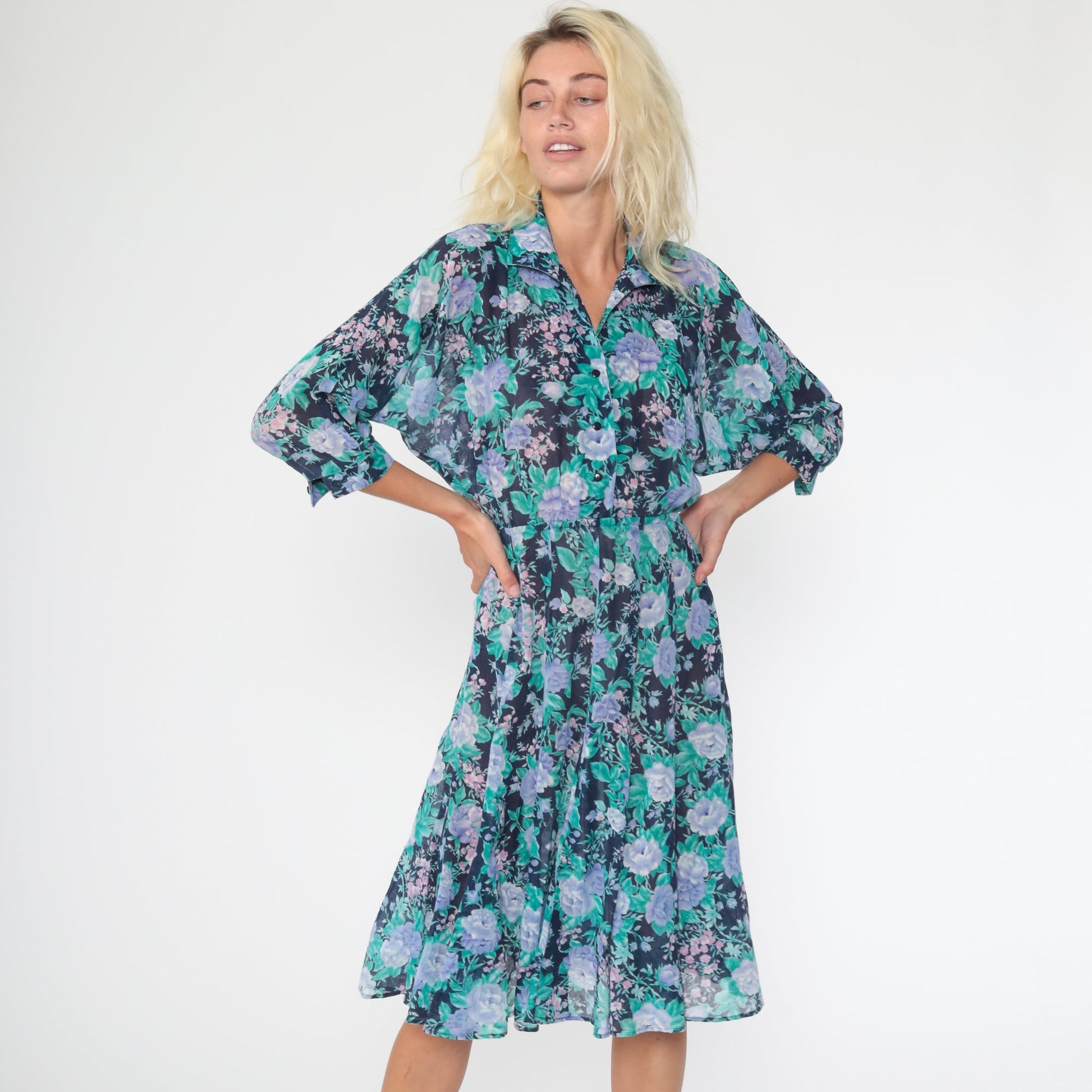 70s Blue Floral Midi Dress Button-Up High Waist Dolman Sleeve Extra Small