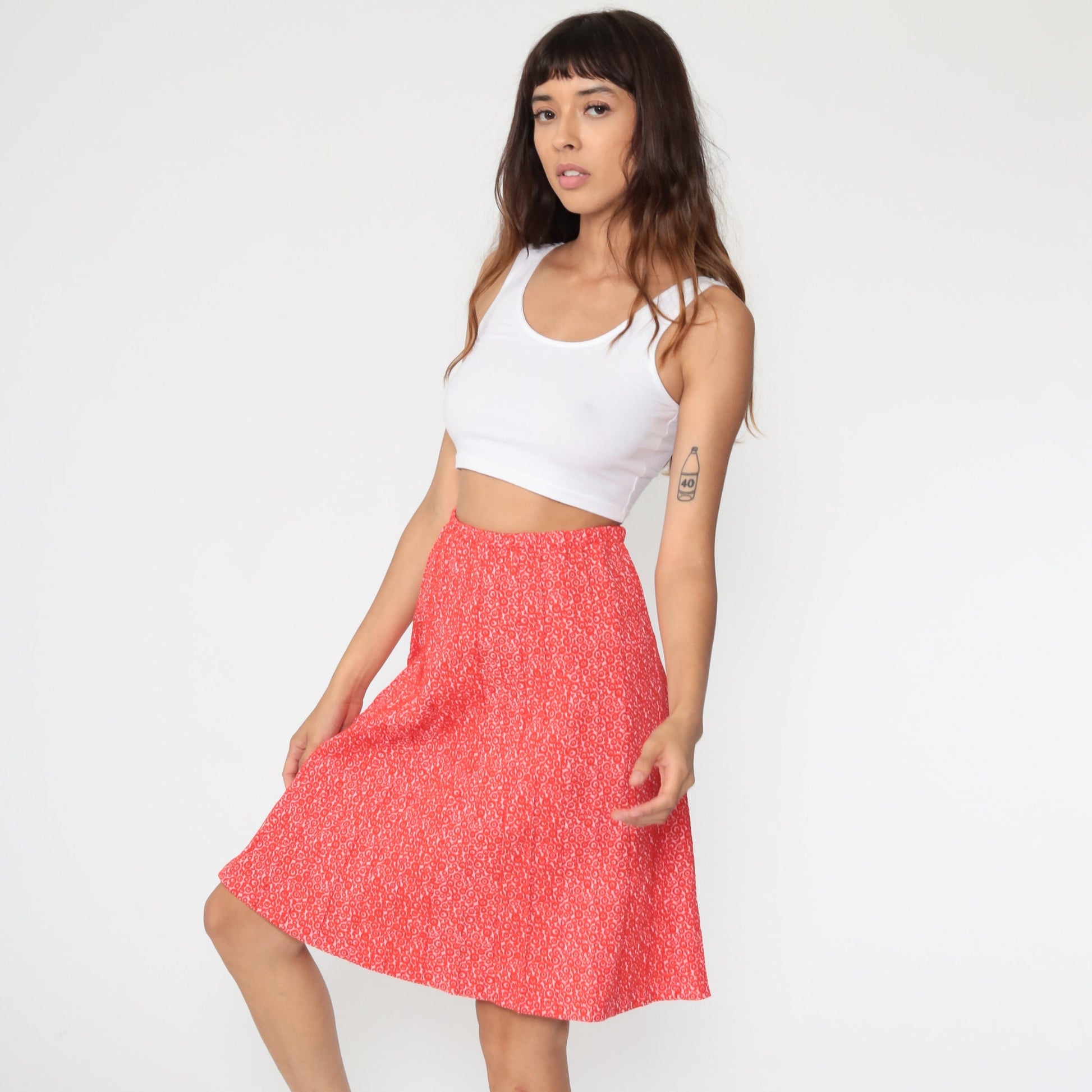 70s Red Geometric Print High-Waist Pleated Skirt Knee-Length Small