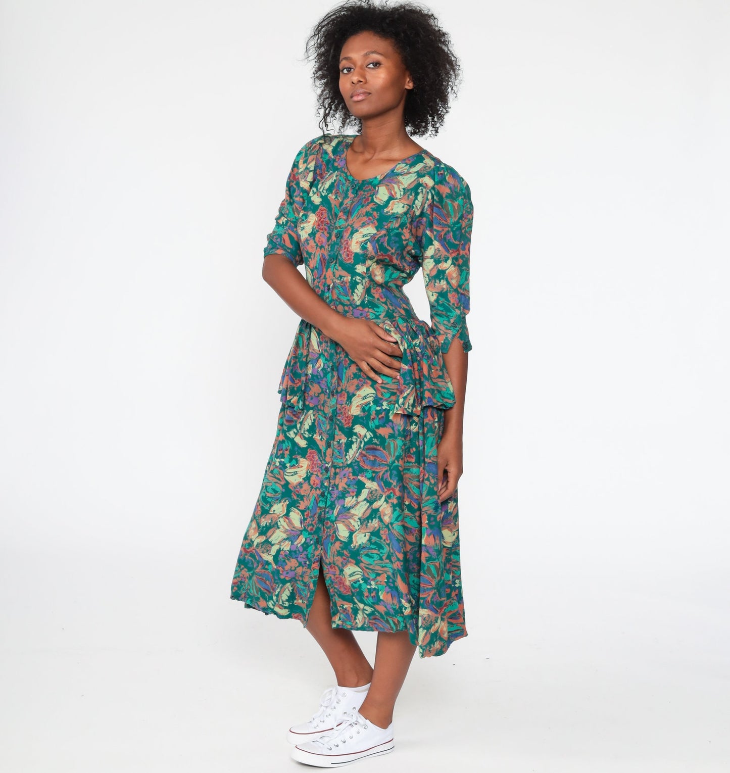 90s Green Floral Peplum Dress Button-Up 3/4 Puff Sleeve Midi Small
