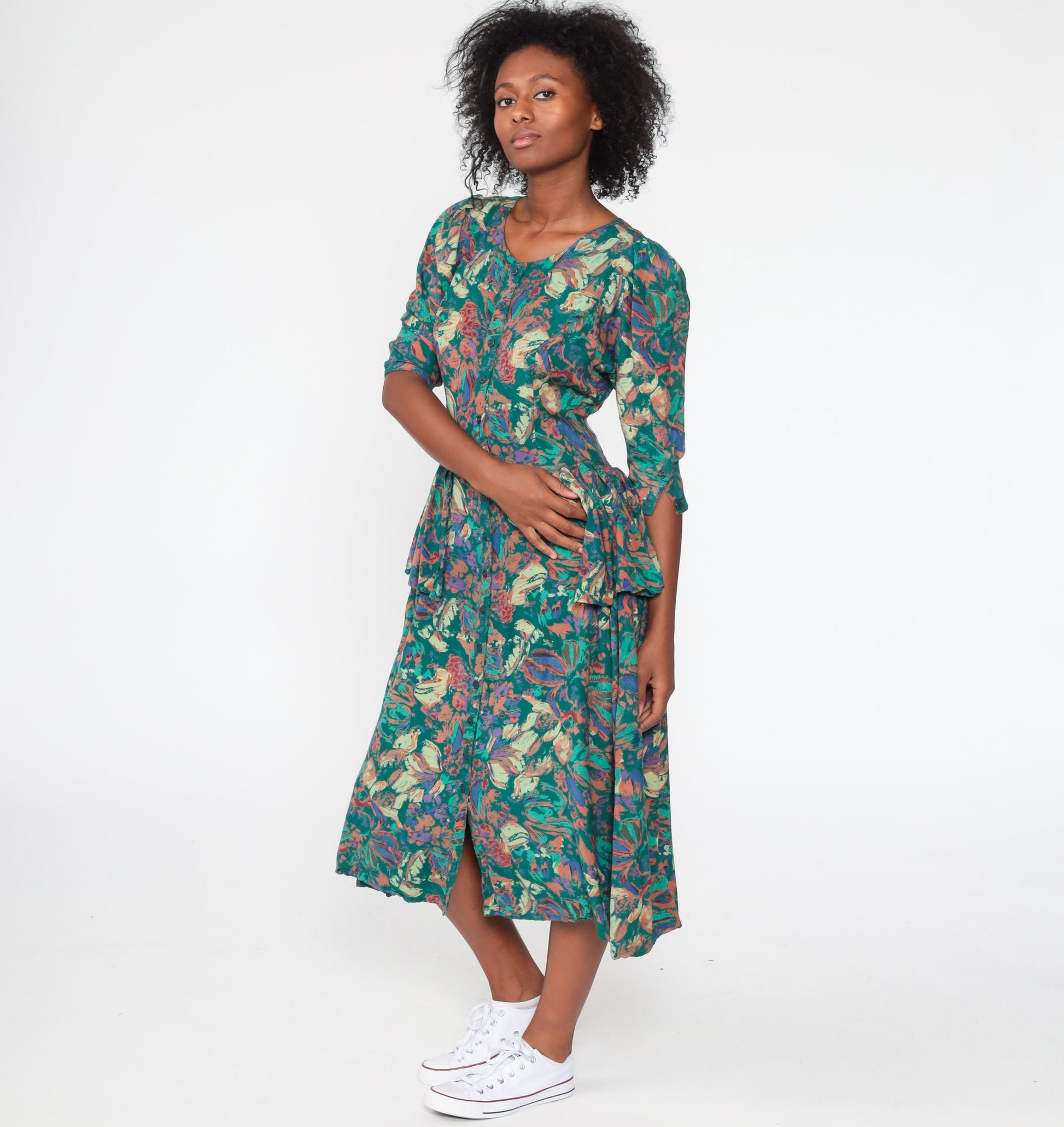 90s Green Floral Peplum Dress Button-Up 3/4 Puff Sleeve Midi Small